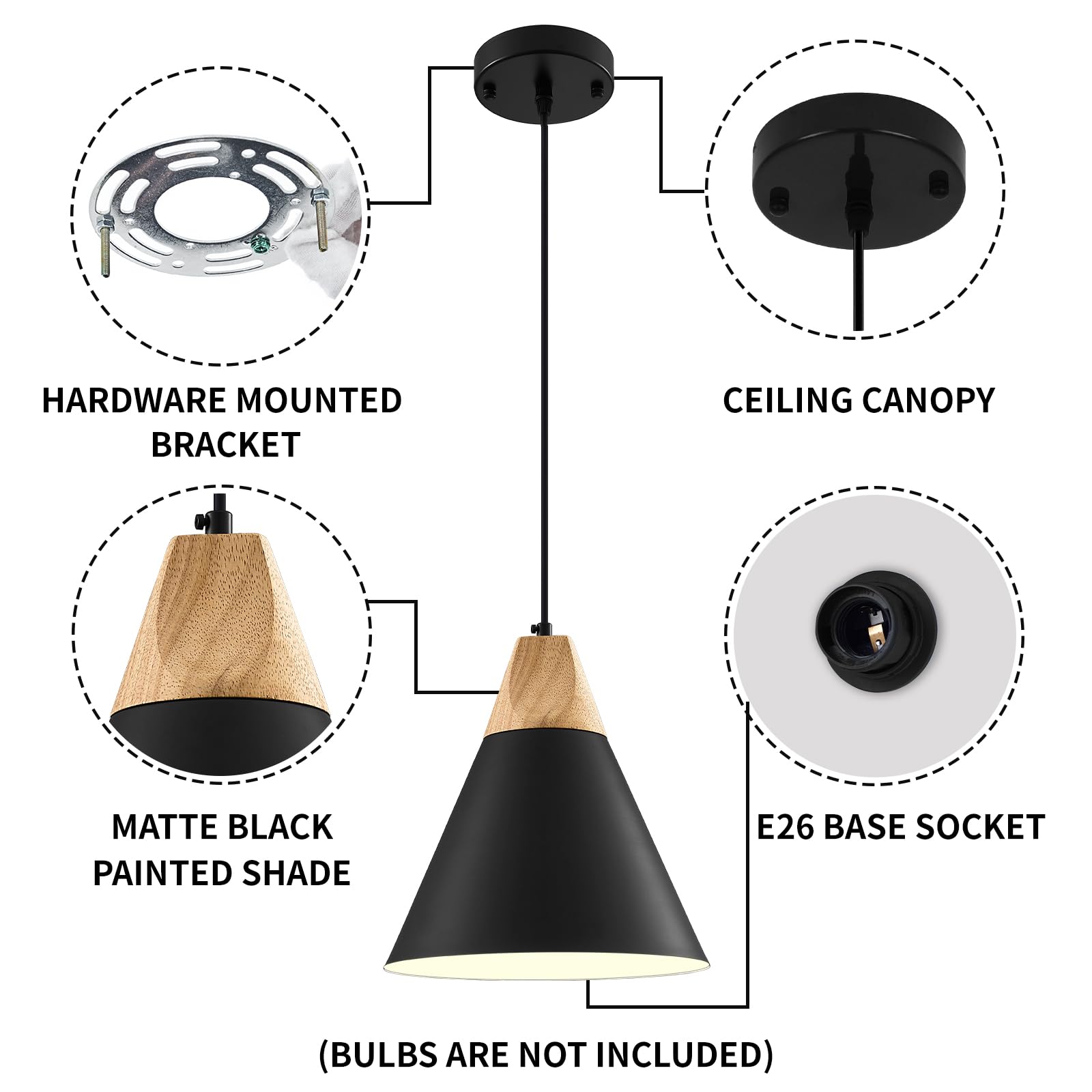 SESIMENT 2-Pack Black Wood and Metal Farmhouse Pendant Light Fixtures - 9.4 Inch Industrial Hanging Lights for Kitchen Island, Dining Room, Bedroom & Living Room Decor