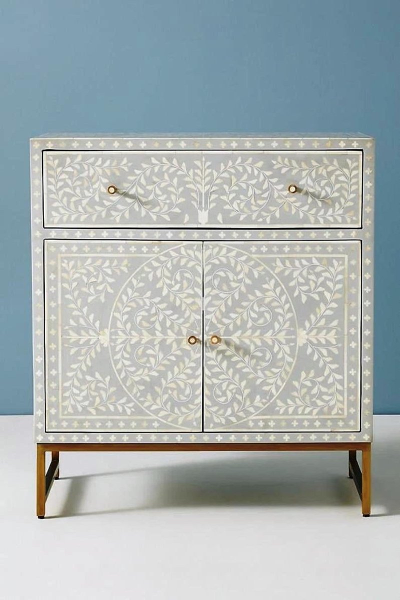 Handmade Grey Bone Inlay Entryway Console Table - Small Sideboard Buffet Cabinet for Hallway, Living Room & Dining Room Decor