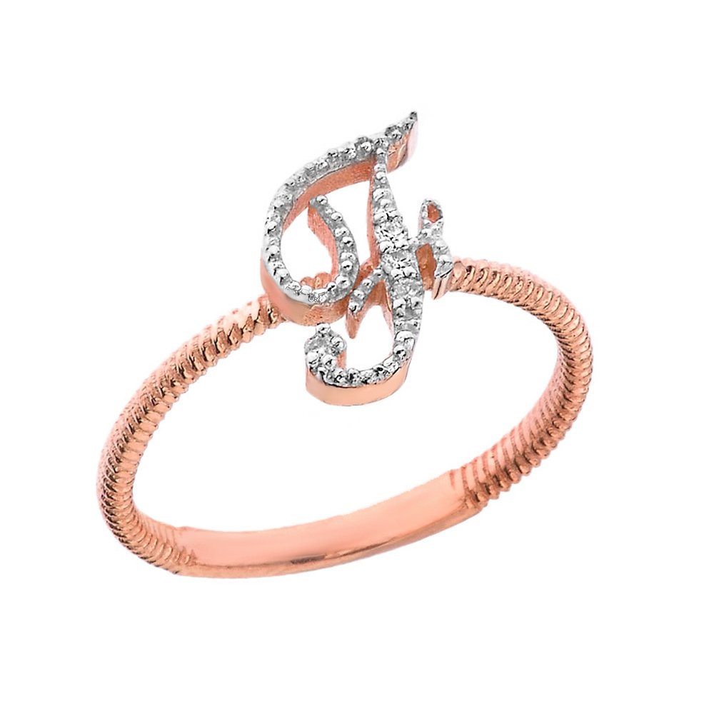 10K Rose Gold Diamond Initial Letter F Ring for Women - Stackable Rope Design Jewelry Gift for Birthday, Anniversary & Everyday Wear