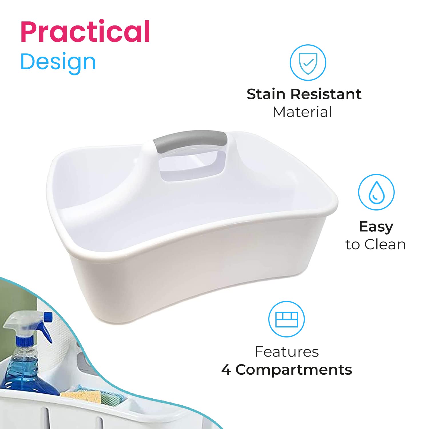 LavoHome White Bath Caddy Organizer with Divided Compartments & Handles - Large Cleaning Tote for Storing Bathroom Accessories, Cleaning Supplies | Perfect for Shower Organization, Spa Days & Household Cleaning Tasks