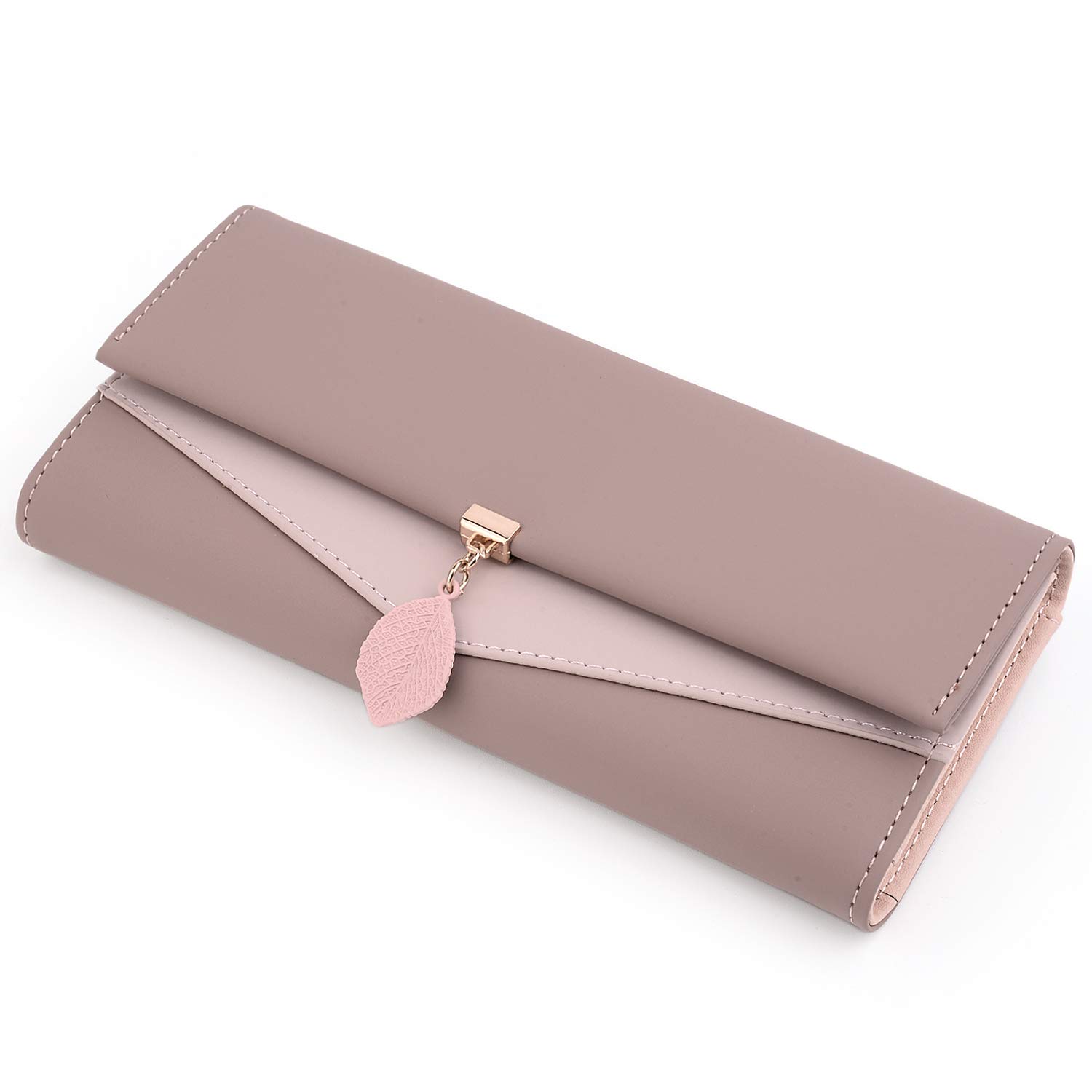 UTO RFID Blocking Wallet for Women - PU Leather Leaf Pendant Card Holder with Zipper Coin Purse | Phone & Checkbook Organizer | Perfect for Travel, Shopping & Everyday Use