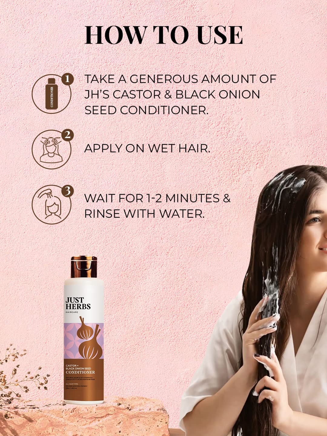 Just Herbs Castor Conditioner with Onion Black Seed Oil & Bhringraj - Promotes Hair Growth, Reduces Hair Fall & Repairs Color Treated Hair - 100ml - For Men & Women - Perfect for Daily Hair Care & Scalp Nourishment