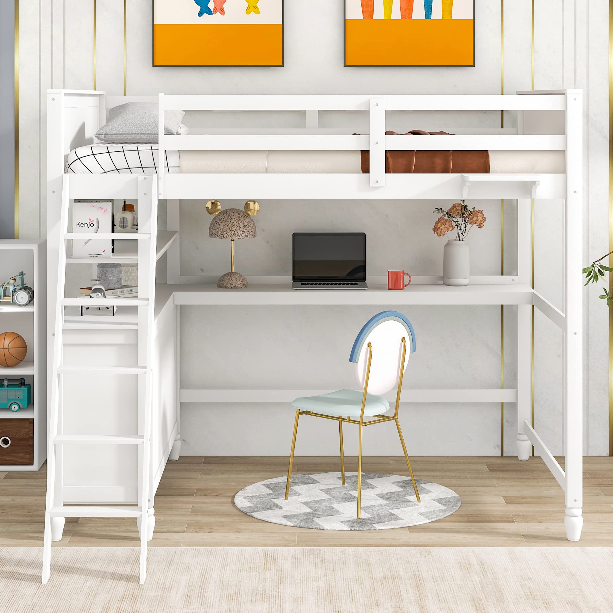 Full Size Loft Bed with Desk & Storage Drawers - Sturdy Wooden Bunk Bed with Safety Guardrails, Ladder, Headboard & Footboard - Space-Saving High Loft Bed for Kids, Teens & Adults (White) - Perfect for Small Bedrooms, Dorms & Studio Apartments