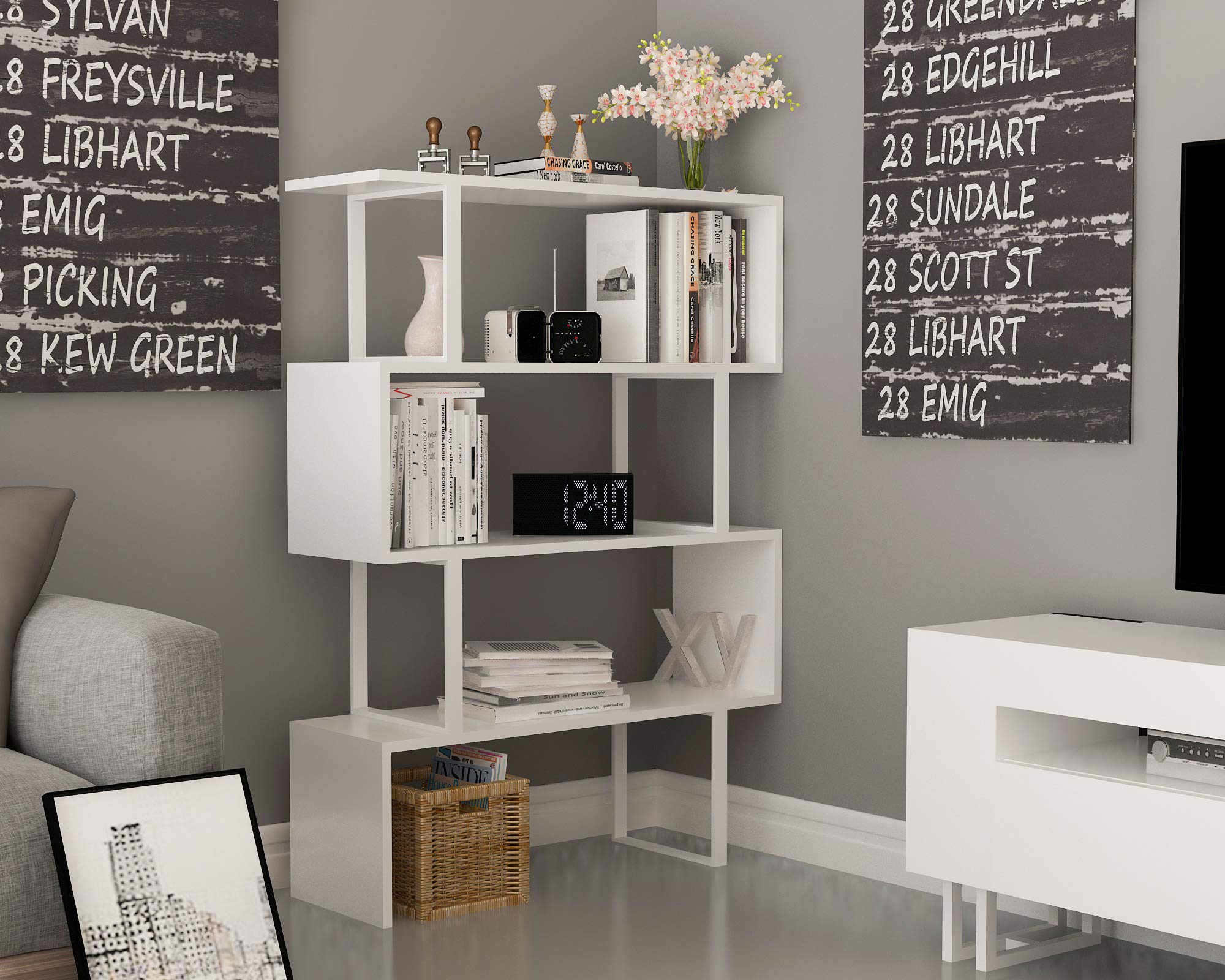 Modern Industrial 4-Shelf Bookcase - White Geometric Shelving Unit for Home & Office Decor