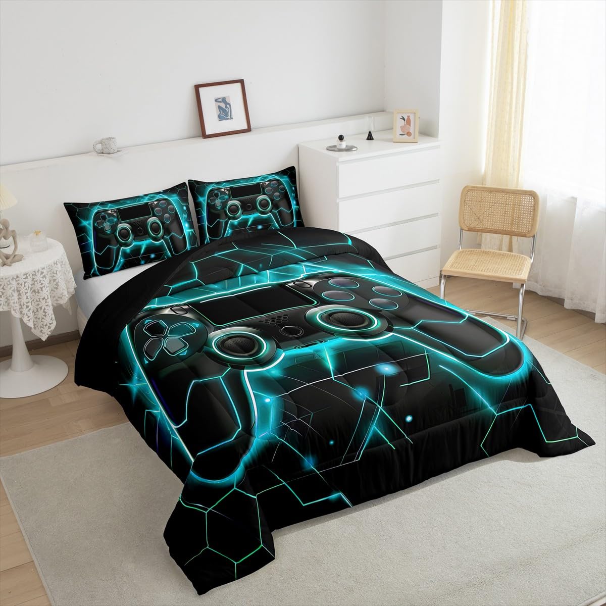 Erosebridal Honeycomb Twin Bedding Set - Neon Gaming Comforter for Boys & Kids, Teal Blue Gamer Bedding for Toddler Room Decor | Perfect for Gaming Themed Bedrooms & Sleepovers