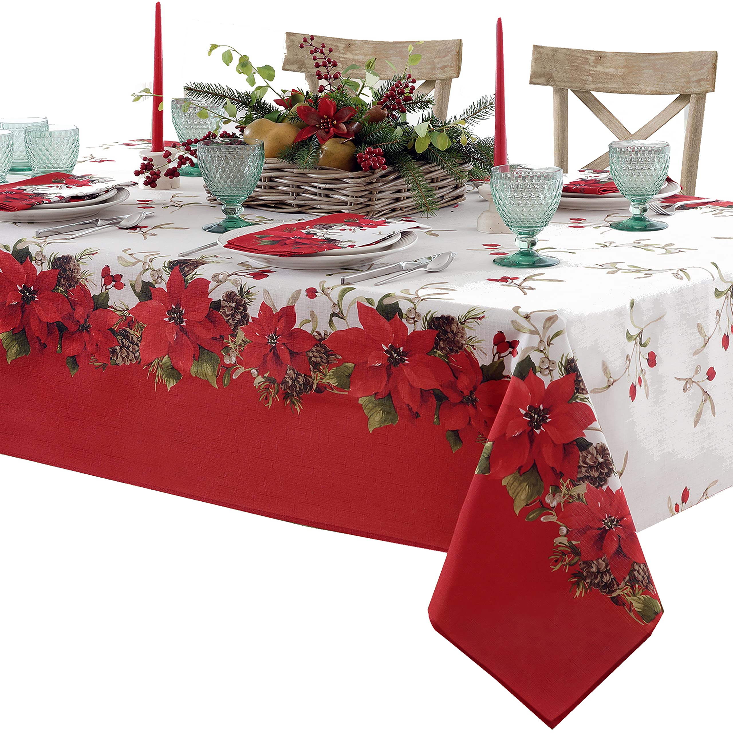 Premium Christmas Poinsettia Double Bordered Fabric Napkins Set of 8 - Holiday Red & White Floral Dining Napkins for Festive Table Decor, Dinner Parties & Seasonal Celebrations