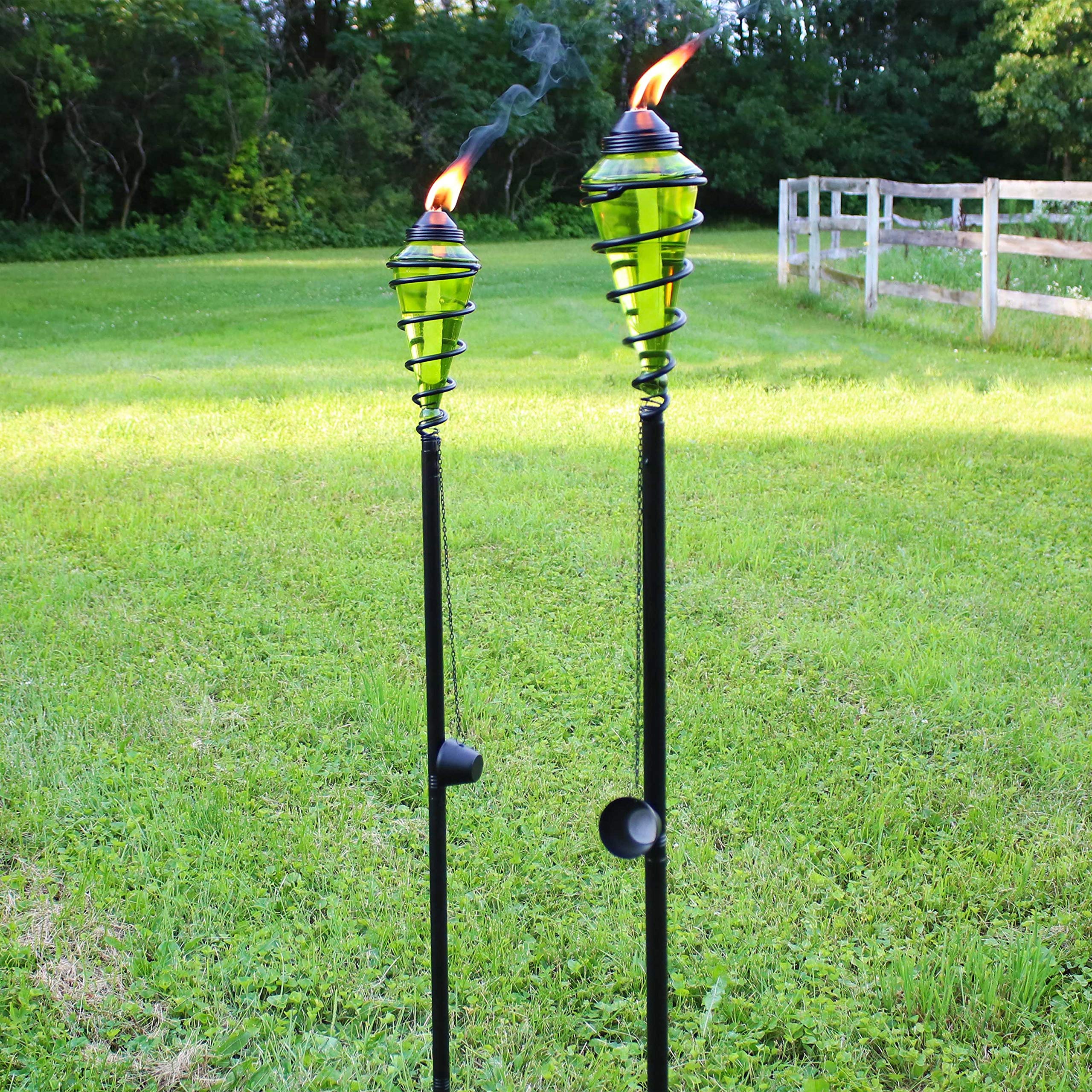 Adjustable Green Glass Torch with Metal Swirl Design - 25 to 66 Inch Height - Set of 4 Outdoor Patio Fire Pits for Backyard, Garden & Poolside Decor