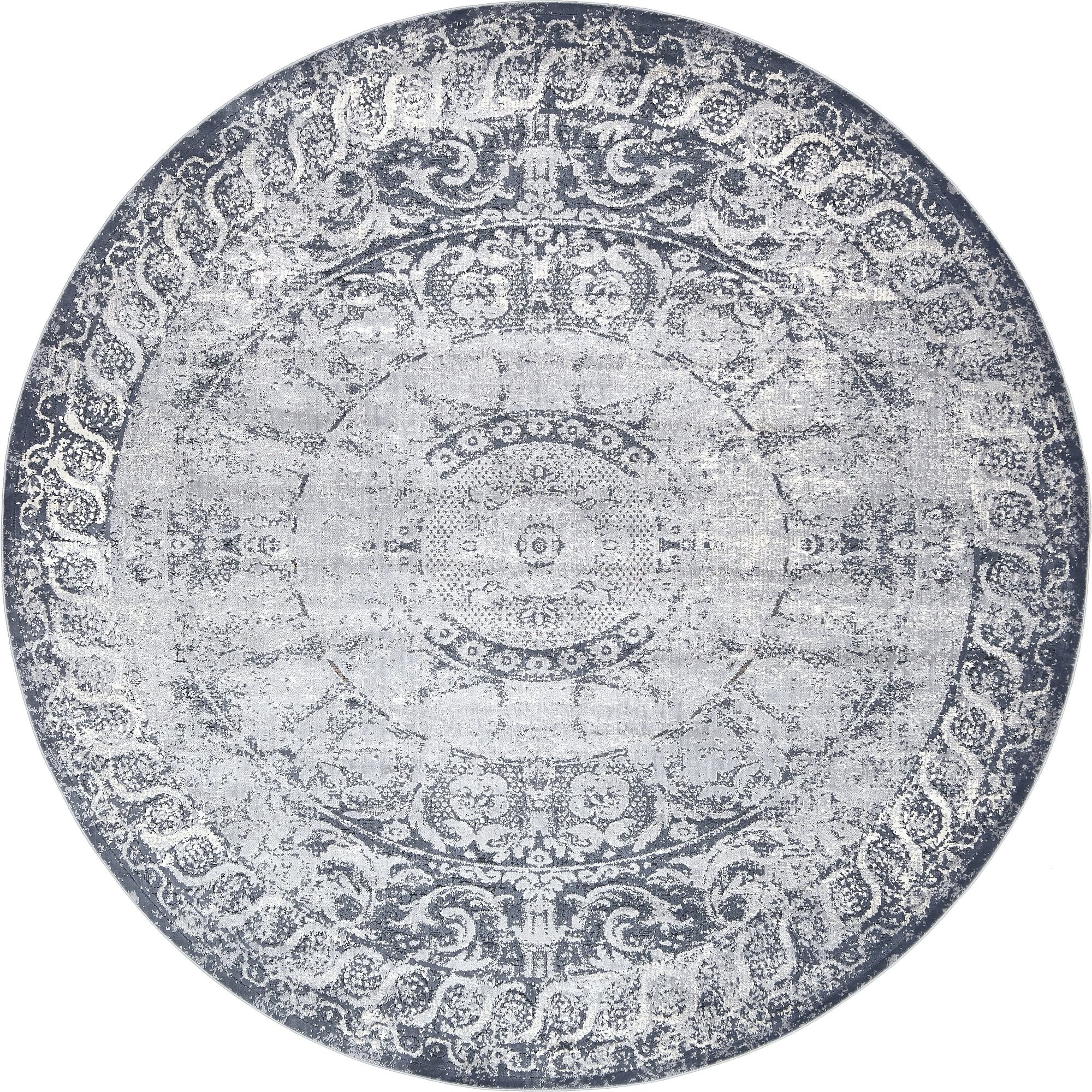 Vintage Distressed Medallion Area Rug 8x8 Round - Navy Blue & Gray Textured Traditional Rug for Living Room, Bedroom & Dining Room Decor