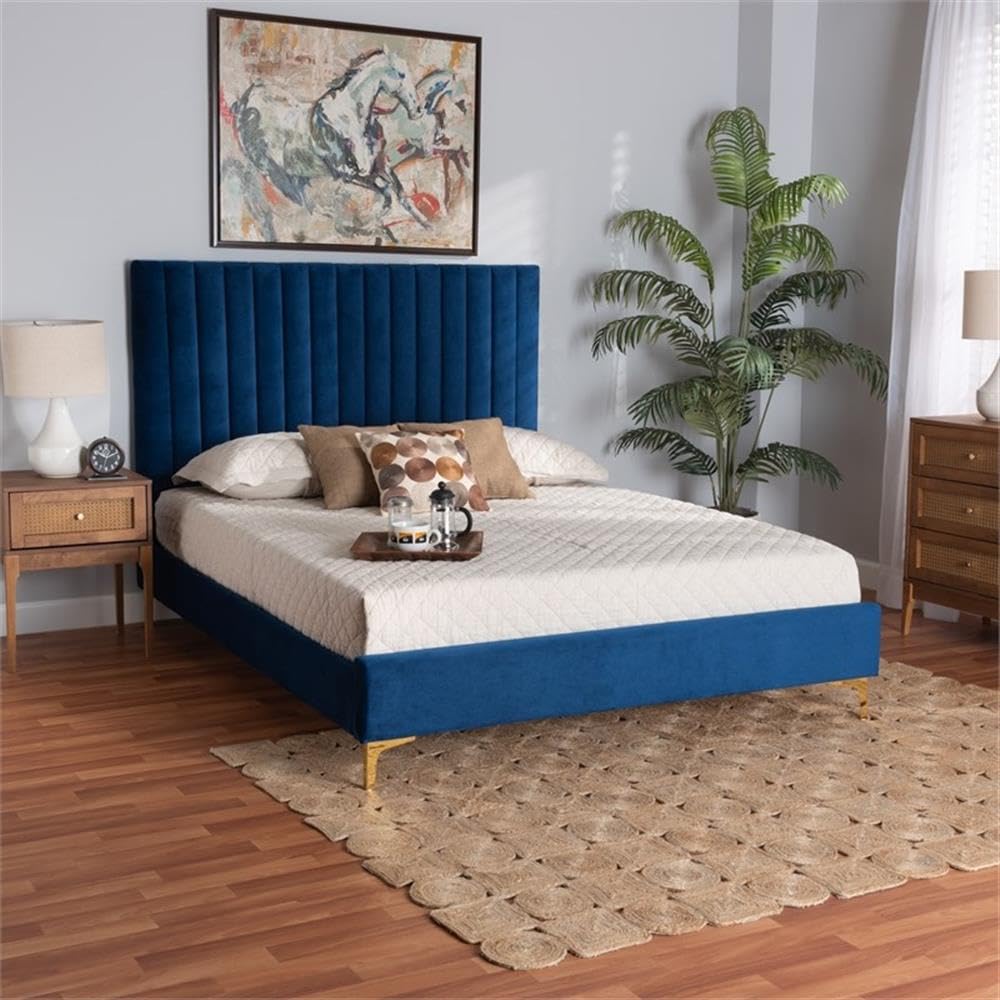 Baxton Studio Serrano Contemporary Queen Size Platform Bed - Navy Blue Velvet Upholstery with Gold Metal Frame | Luxurious Bedroom Furniture for Modern Home Decor