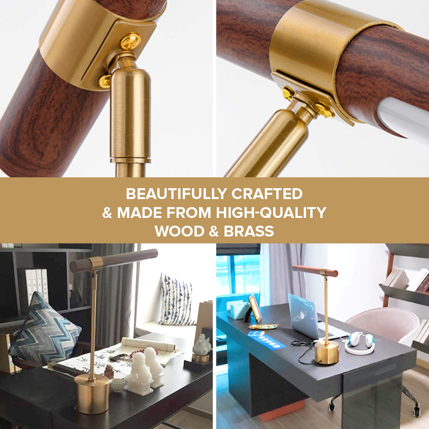 Modern Banker Slim LED Desk Lamp - Adjustable Wood & Brass Table Light for Home Office, Bedroom Nightstand - Mid Century Steampunk MCM Style Lighting for Reading, Working, Decor