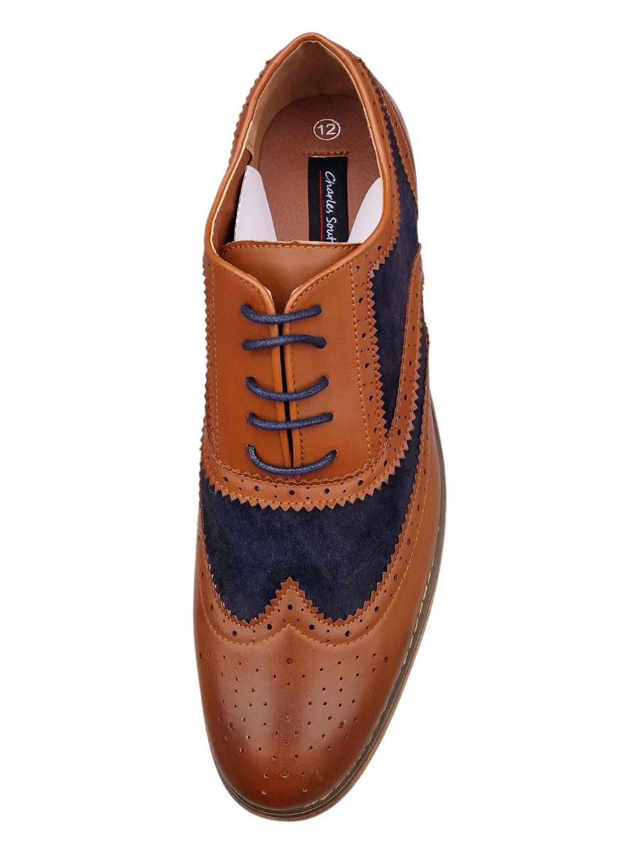 Charles Gatsby Edward Men's Tan & Navy 5-Eye Brogue Oxford Dress Shoes - Classic Formal & Business Attire for Weddings, Office & Special Occasions