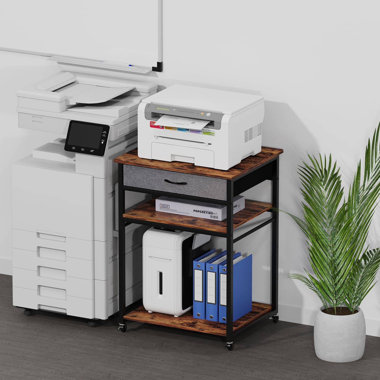 3-Tier Adjustable Printer Stand with Drawers, Wheels & Power Outlets - Large Rolling Printer Cart with USB Ports & Storage Shelf for Home Office Organization - Perfect for Laser/Inkjet Printers, Scanners & Office Equipment (Brown)