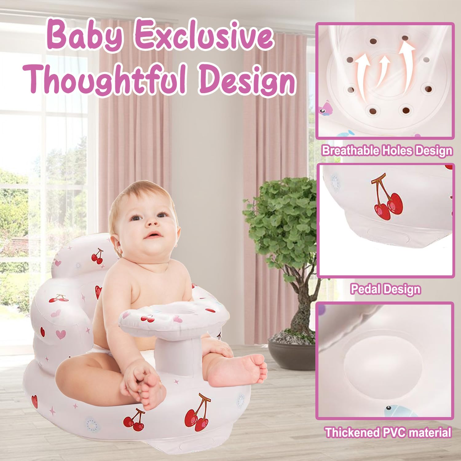 Inflatable Baby Floor Chair for Toddlers 3-36 Months - Portable Blow Up Sofa Seat for Boys & Girls - Lightweight & Safe Infant Sitting Chair for Playtime, Reading & Relaxation (Lovely Cherry) - Perfect for Indoor Play, Nursery, Daycare & Travel