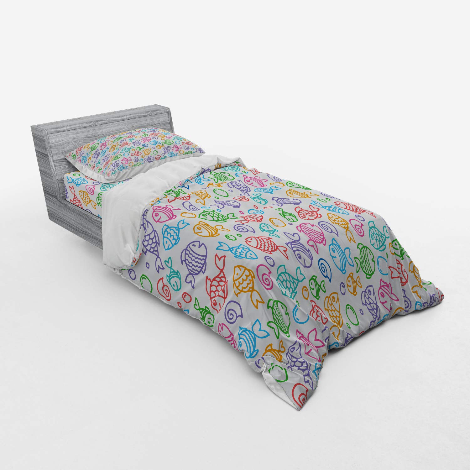 Ambesonne Funny Fish Duvet Cover Set - 3 Piece Twin XL Bedding with Sham & Fitted Sheet, Vibrant Multicolor Underwater Aquatic Creatures Design | Perfect for Kids' Rooms, Beach Themed Bedrooms & Ocean Lovers