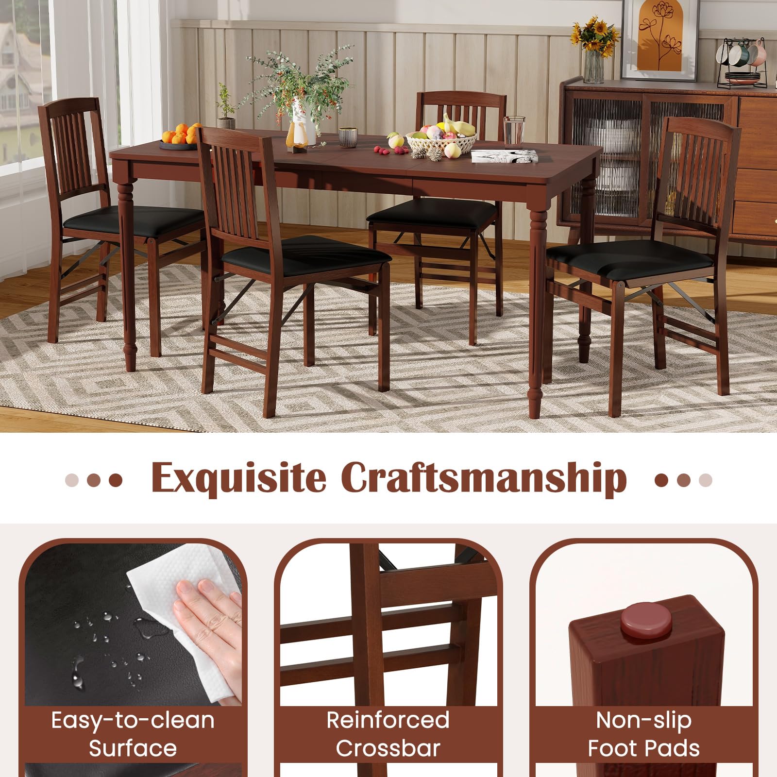 Giantex Solid Wood Folding Dining Chairs Set of 2 - 400 Lbs Capacity Foldable Kitchen Chairs with Padded Seat, No Assembly Armless Side Chairs for Small Space - Perfect for Apartments, Dining Rooms & Kitchenettes (Brown & Black)