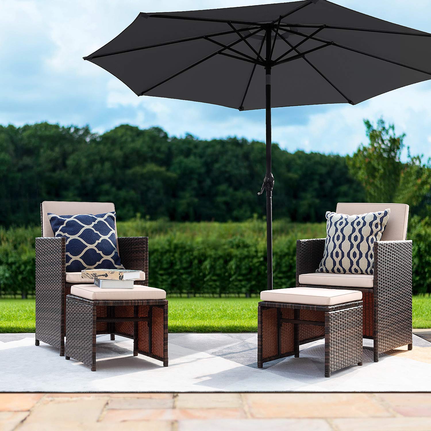 Homall 5-Piece Patio Conversation Sofa Set - Outdoor Wicker Sectional Furniture with Umbrella, Rattan Chair & Ottoman, Storage Table - Perfect for Backyard, Garden, Porch & Poolside Relaxation (Beige)