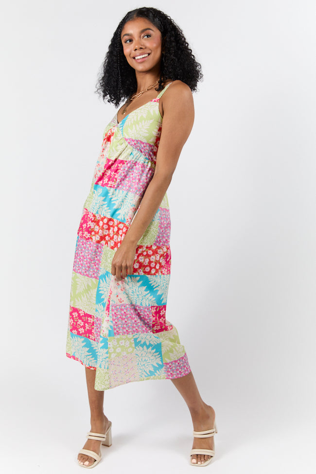 Pieces That Complete Me Multi Patchwork Babydoll Midi Dress - Floral Print Summer Dress for Women, Boho Chic Party Outfit, Beach Wedding Guest Dress