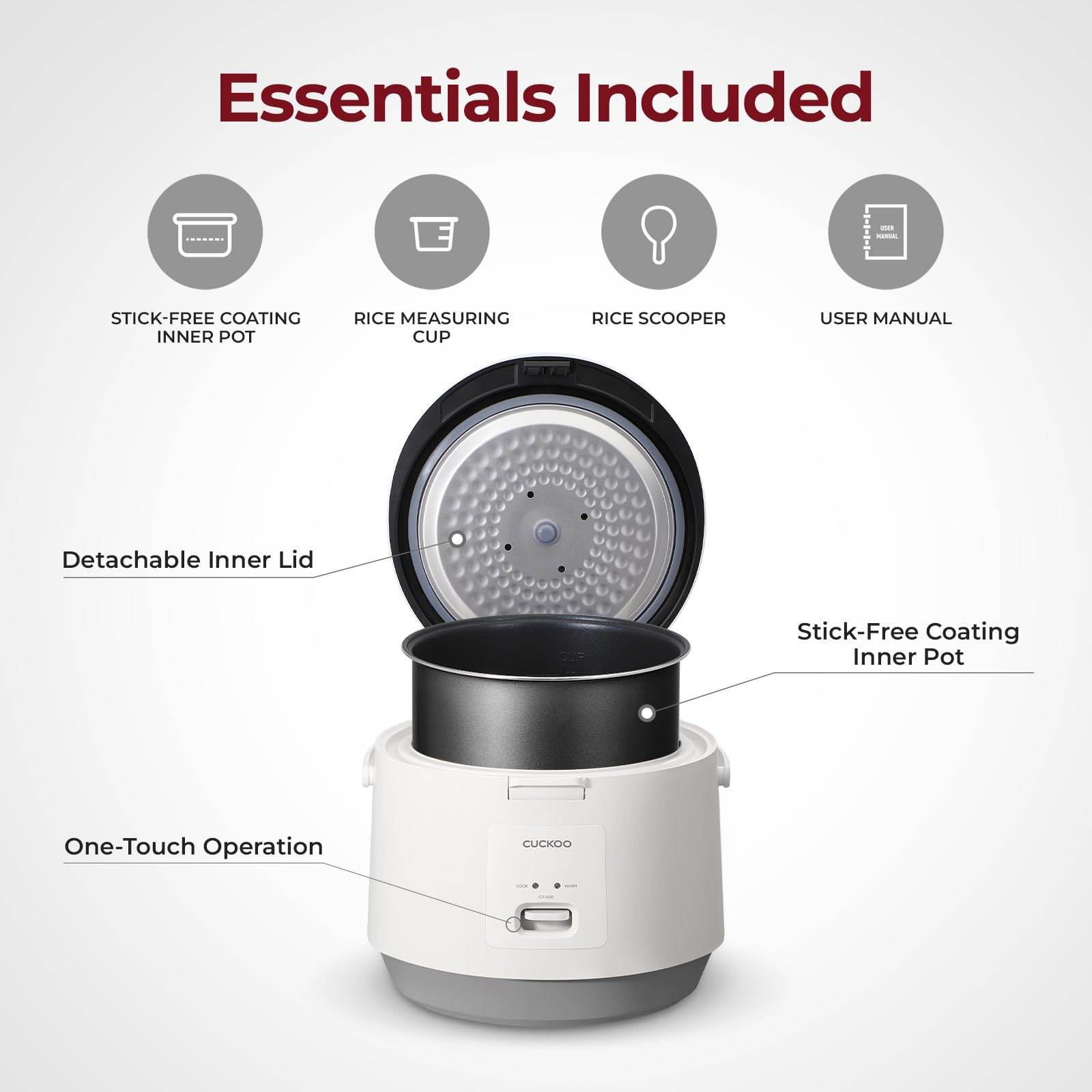 CUCKOO CR-1095 10-Cup Uncooked / 20-Cup Cooked Rice Cooker with Nonstick Inner Pot & Warmer - White | Perfect for Family Dinners, Meal Prep & Small Gatherings