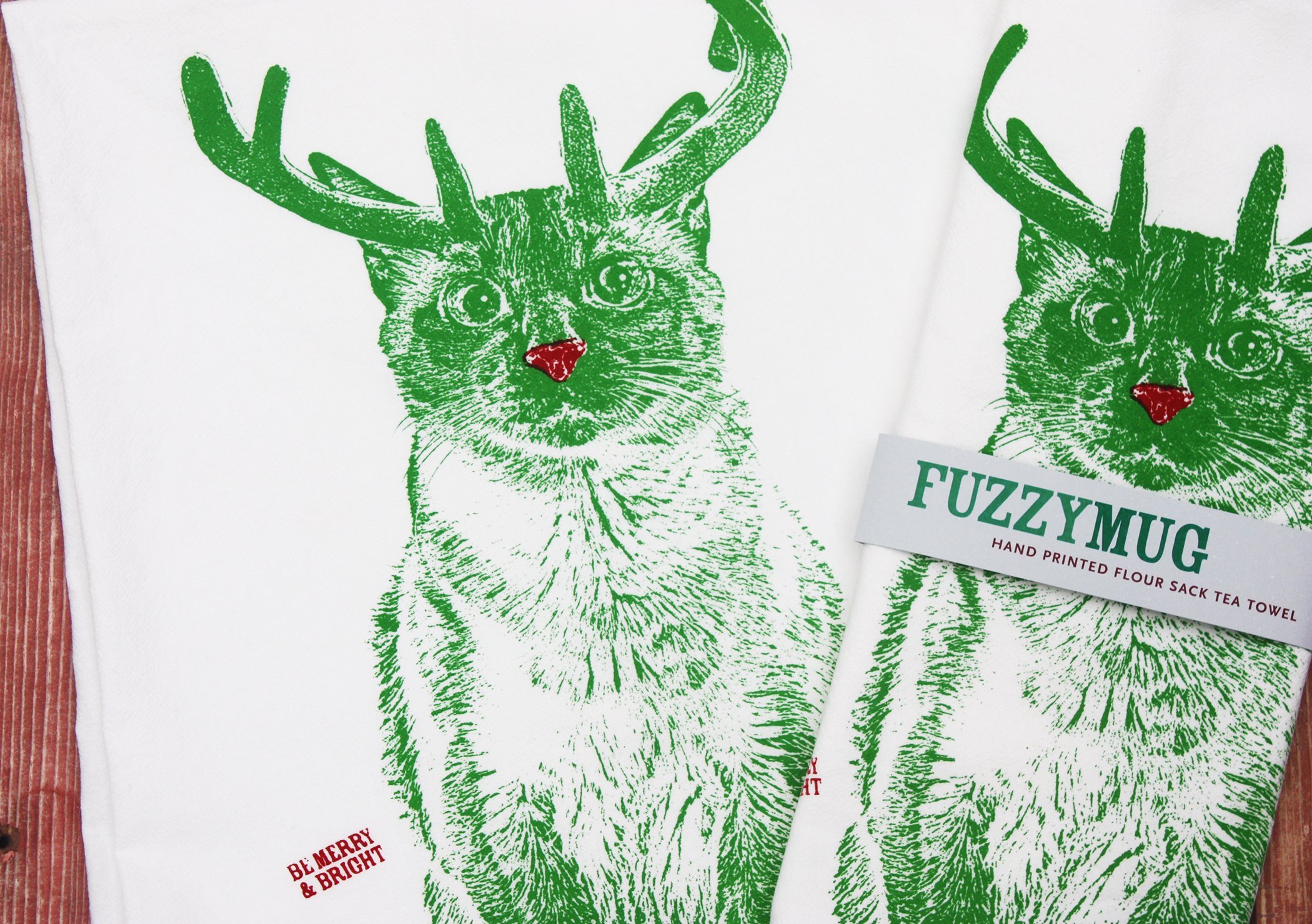 Christmas Cat Tea Towel - Hand Printed Holiday Kitchen Towel with Cat & Rudolph Design | Festive Flour Sack Dish Towel for Baking, Cooking & Christmas Decor | Merry & Bright Cat Lover Gift