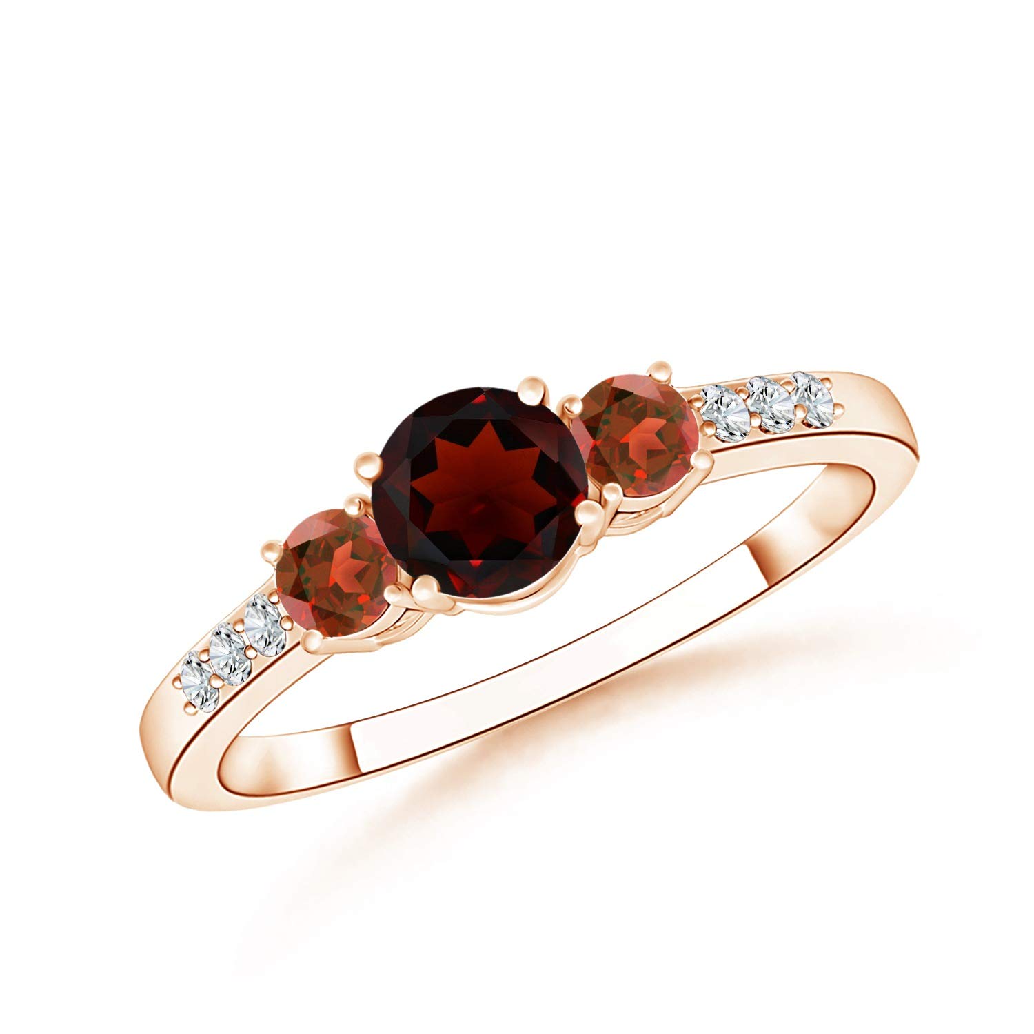 Three Stone Round Garnet Ring with Diamond Accents (5mm Garnet) - January Birthstone Jewelry for Women, Perfect for Birthday Gifts, Anniversary & Valentine's Day