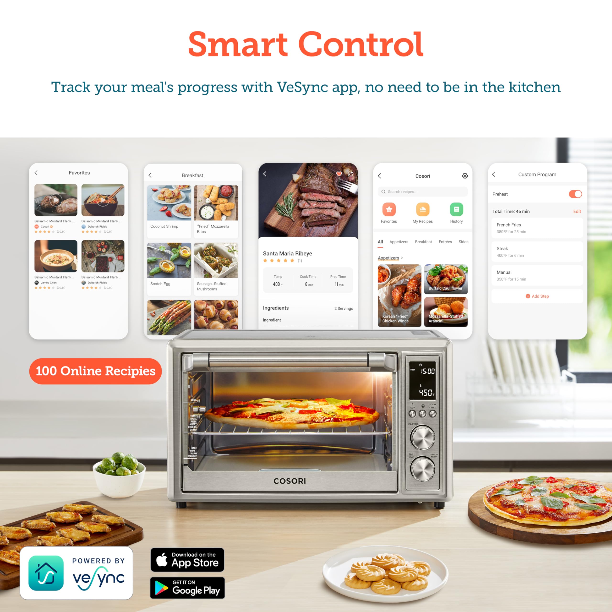 COSORI 13-in-1 Air Fryer Toaster Oven Combo with 32Qt Capacity, Smart APP & Voice Control Convection Oven for Countertop - Bake, Broil, Roast, Dehydrate, Sous Vide - Includes 134 Recipes & 4 Accessories (Silver Stainless Steel) - Perfect for Small Kitchens, Healthy Cooking & Meal Prep