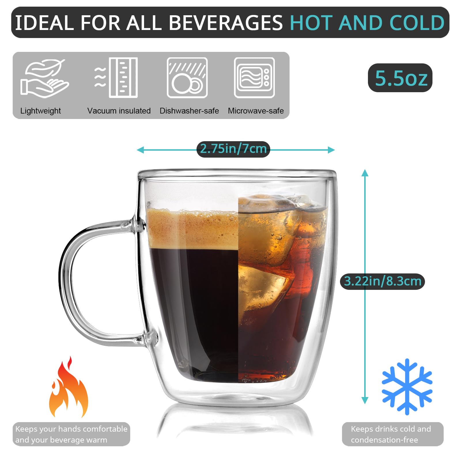 Premium Double Wall Glass Espresso Cups Set of 2 - 5.5oz Insulated Espresso Shot Glasses for Home & Cafe Use - Clear Heat-Resistant Cups Perfect for Espresso Machines & Coffee Accessories - Ideal for Italian Coffee, Latte Art & After-Dinner Drinks