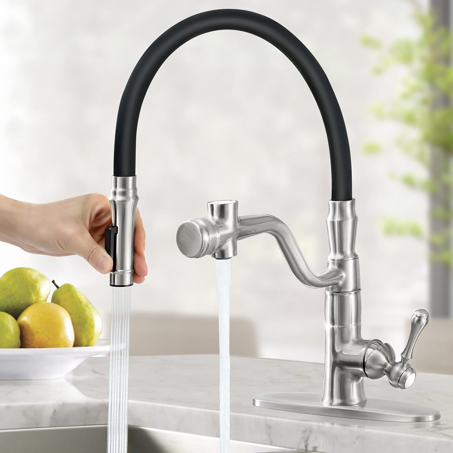Premium Black Kitchen Faucet with Pull-Down Sprayer & Pot Filler - Brushed Nickel Finish for Modern Kitchens | Ideal for Cooking, Washing Dishes & Filling Pots
