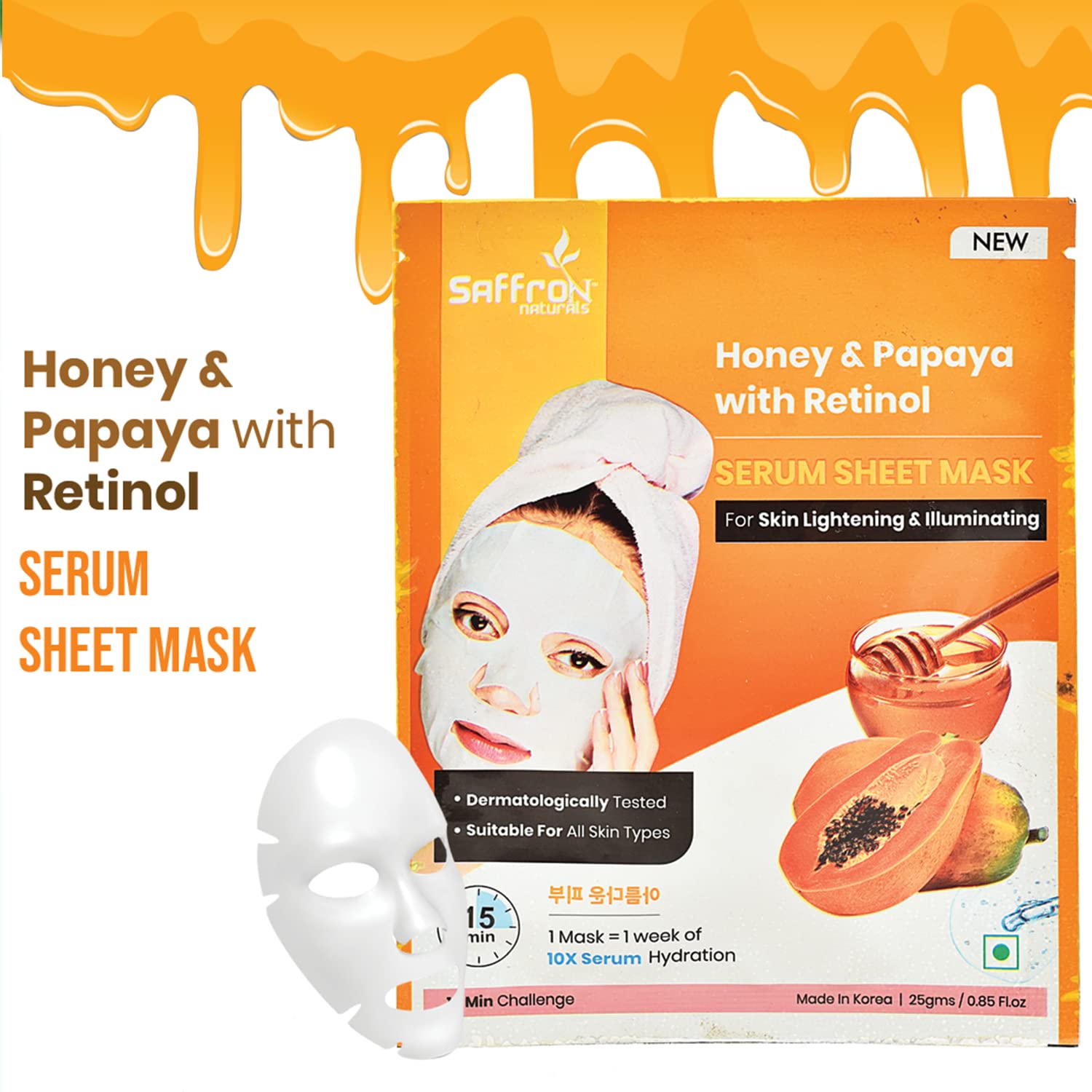 **Saffron Naturals Aloe Vera Green Tea, Bamboo Charcoal Strawberry, Honey Papaya & Ubtan Saffron Face Sheet Mask Set - 4 Pack (25g Each) for Hydration, Detox & Brightening - Perfect for Daily Skincare & Spa Nights**