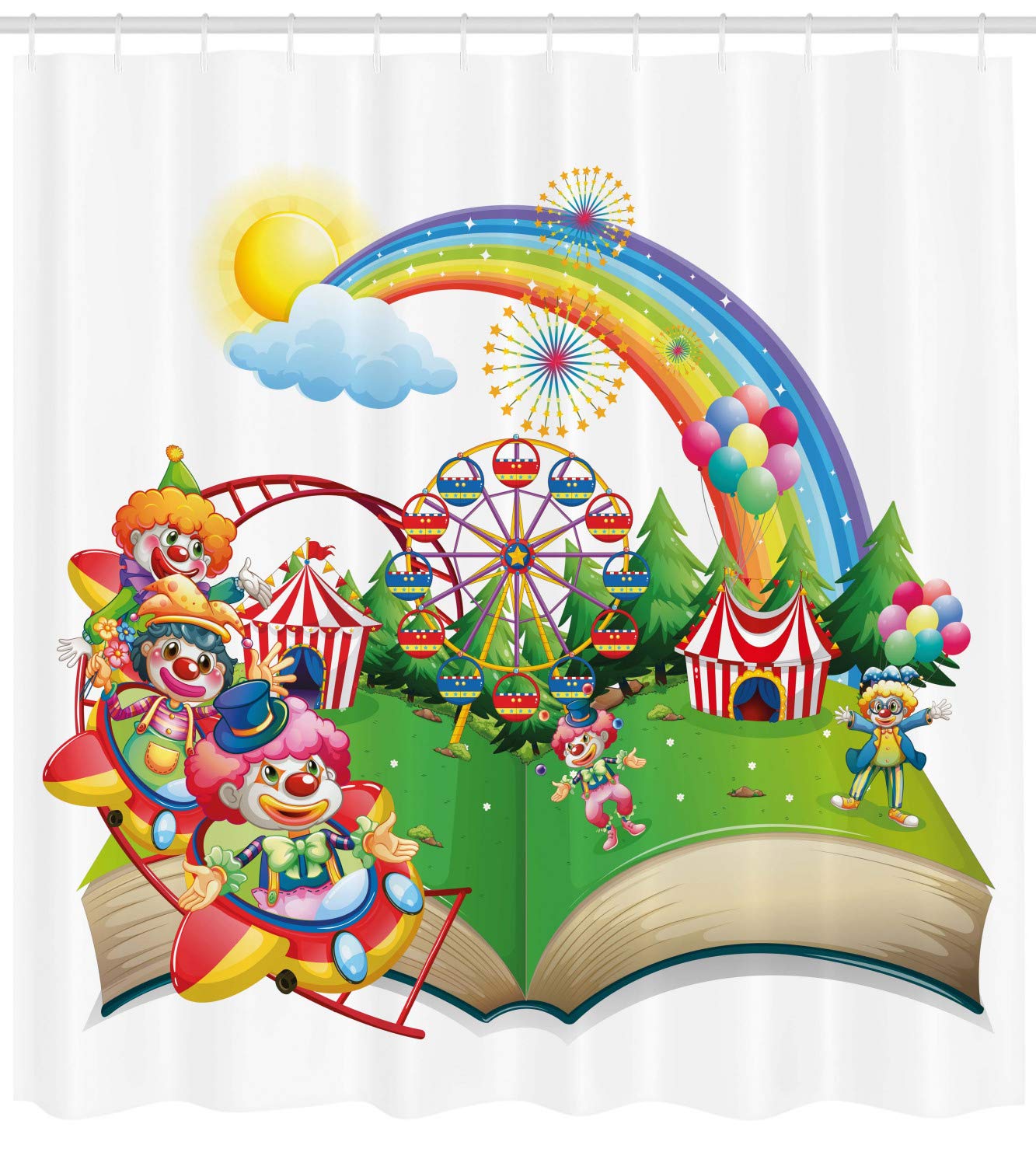 Ambesonne Ferris Wheel Shower Curtain - Fun Circus Amusement Park Design with Rainbows & Clowns, 105-Inch Extra Wide Fabric Bathroom Decor Set with Hooks, Multicolor - Perfect for Kids' Bathrooms & Themed Decor