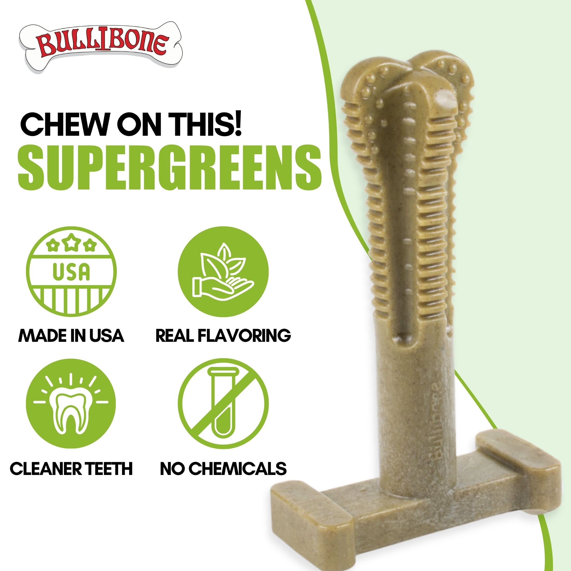 Bullibone SuperBrush: Long-Lasting Nylon Dog Toothbrush Chew Toy for Dental Health & Oral Care - Teeth Cleaning Stick with Super Greens for Puppies & Adult Dogs - Perfect for Daily Dental Hygiene & Playtime