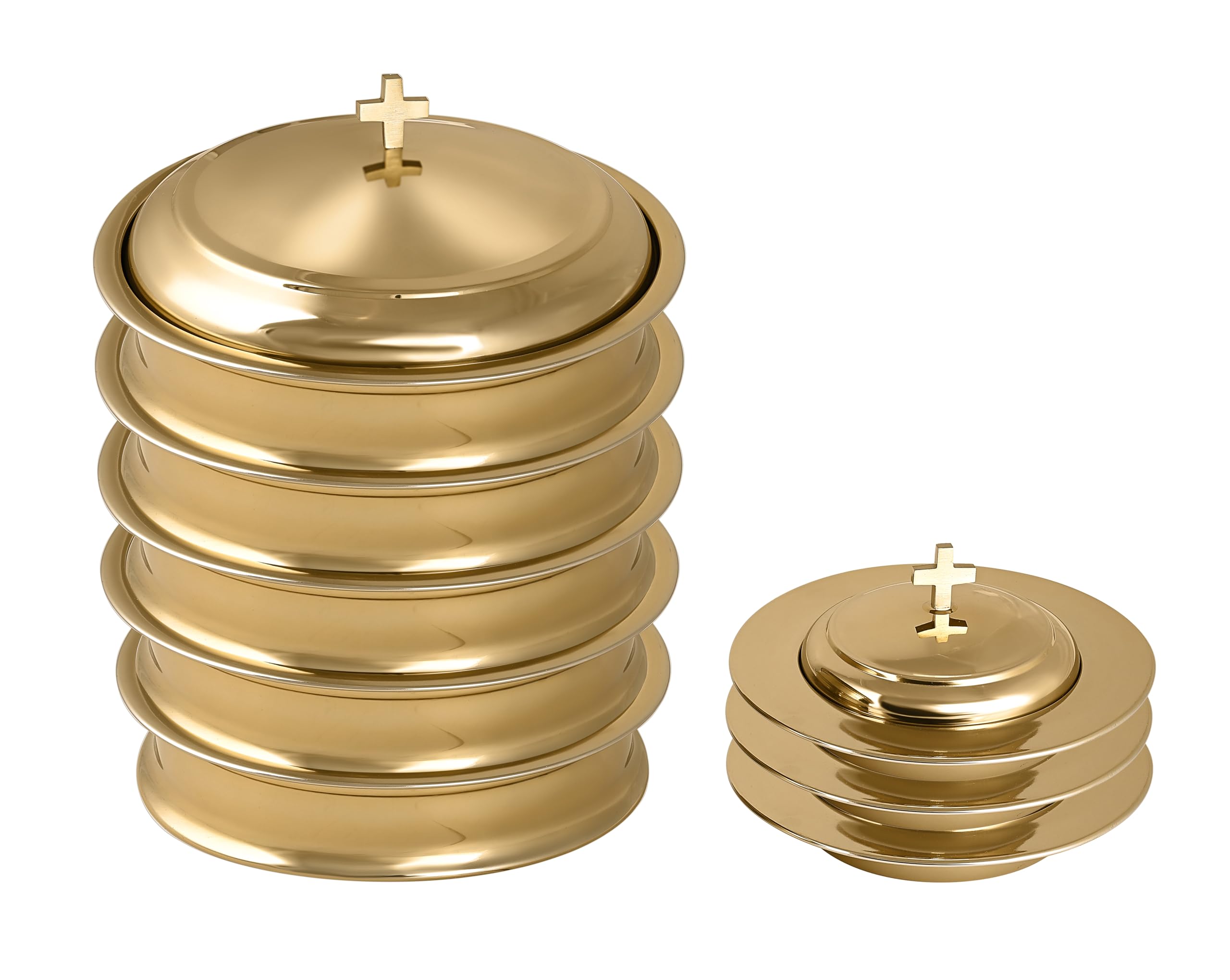 Stainless Steel Communion Serving Set - 5 Holy Wine Trays with Lid & 3 Stacking Bread Plates - Brass Gold Finish for Church Eucharist Ceremony & Religious Events
