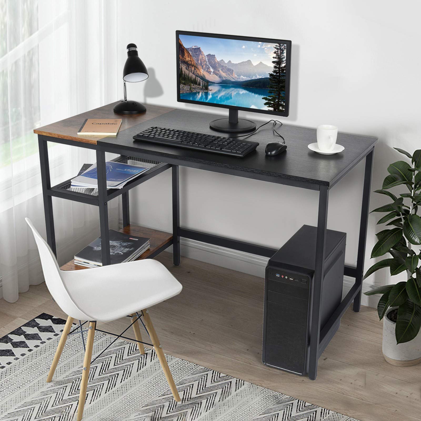 Black & Brown Computer Desk with Hutch, Bookshelf & 2 Shelves - Modern Home Office Desk for Work, Study & Gaming - Space-Saving Workstation with Storage