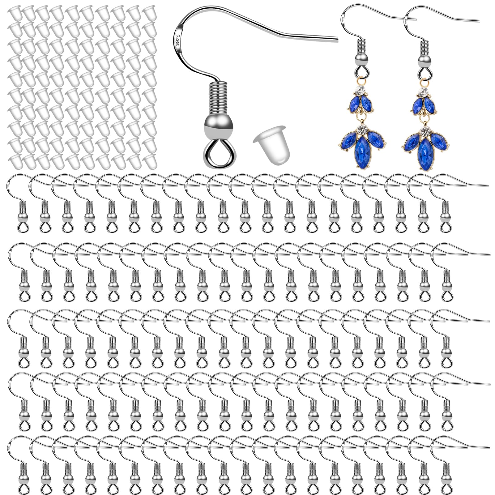 150 PCS 925 Sterling Silver Earring Hooks - 75 Pairs Fish Hook Ear Wires, French Wire Hooks for DIY Jewelry Making | Hypoallergenic Earring Findings with 150 Clear Rubber Safety Backs | Perfect for Handmade Earrings, Gifts & Craft Projects