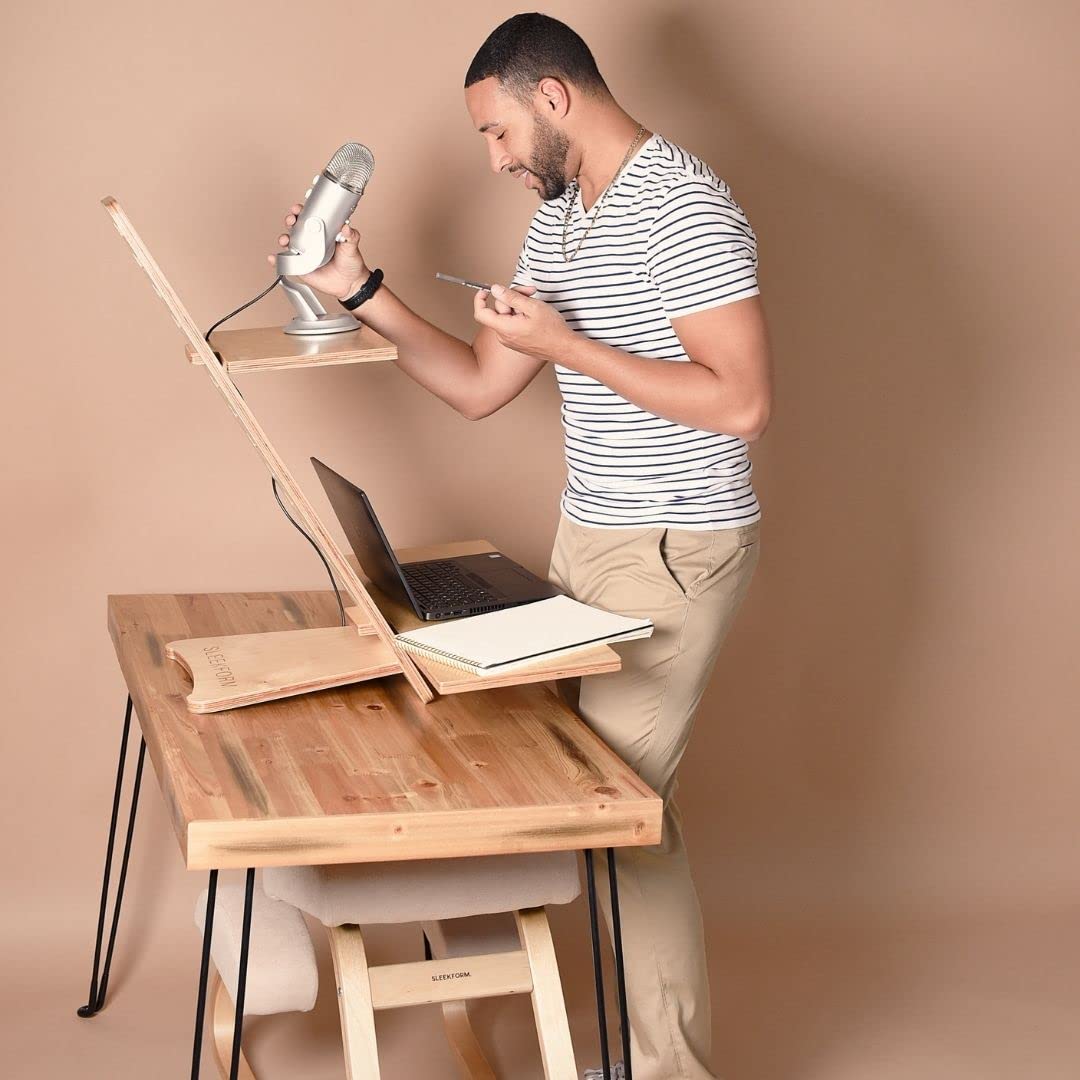 Sleekform Adjustable Standing Desk Converter - Ergonomic Laptop Riser & Height-Adjustable Workstation for Home Office (Wood Table Top) | Perfect for Remote Work, Gaming & Study Setup