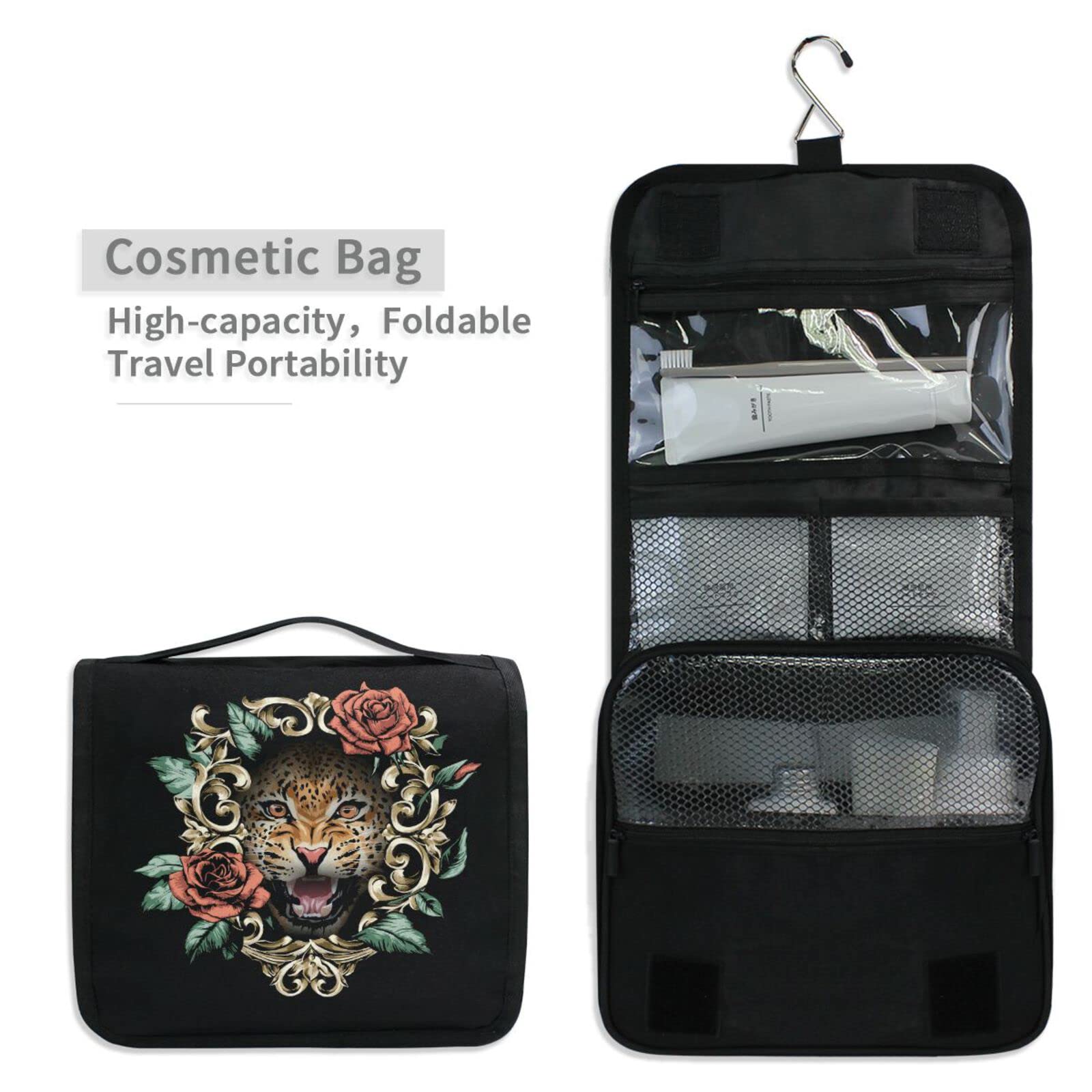 Moyyo Leopard Print Hanging Travel Toiletry Bag - Waterproof Cosmetic Makeup Organizer for Women & Men - Portable Wash Bag for Gym, Camping, Business Trips & Vacation - Perfect Toiletry Organizer for Travel Essentials