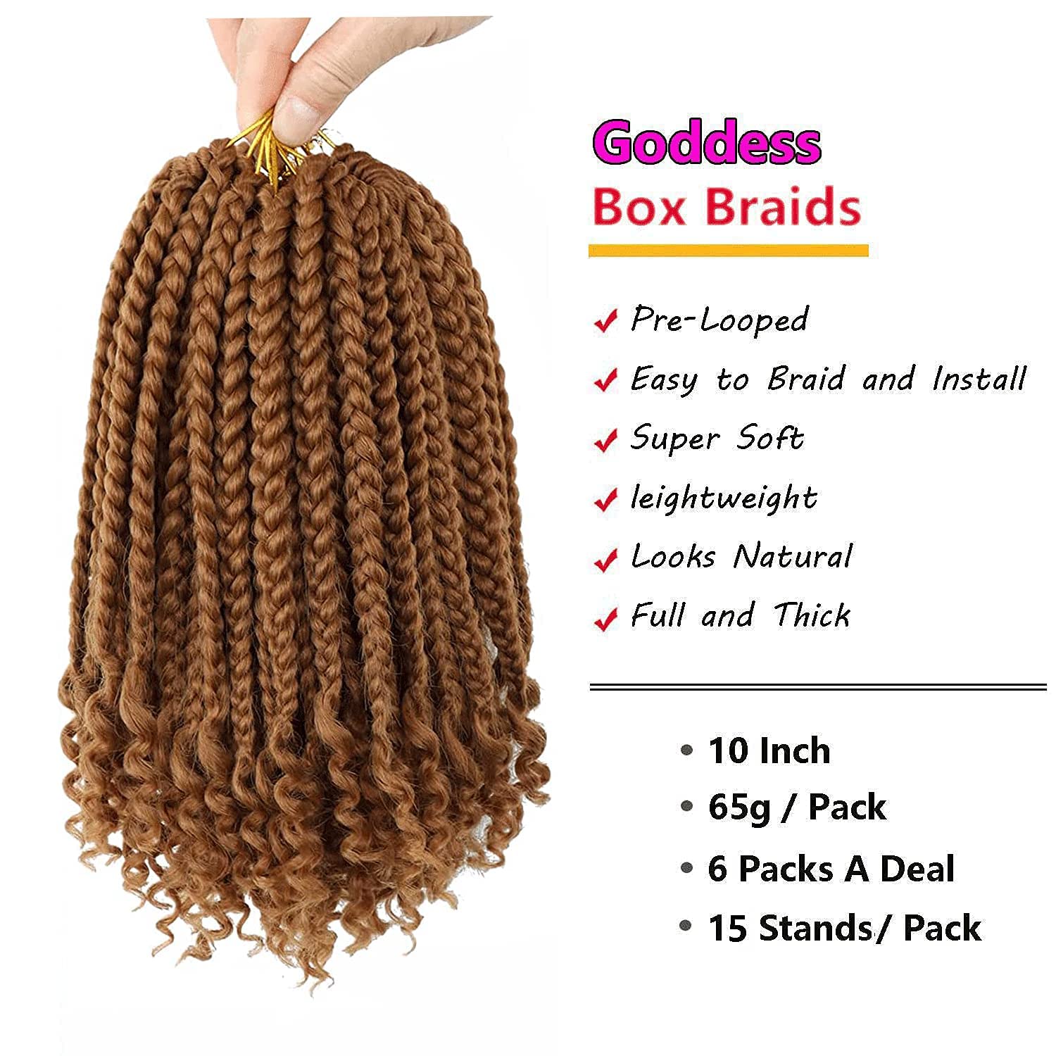 6 Packs Crochet Box Braids with Curly Ends - 10 Inch Bohemian Goddess Braids for Black Women | Pre-Looped Synthetic Hair for Easy Installation | Perfect for Protective Styles, Everyday Wear & Special Occasions (27, 10 Inch)
