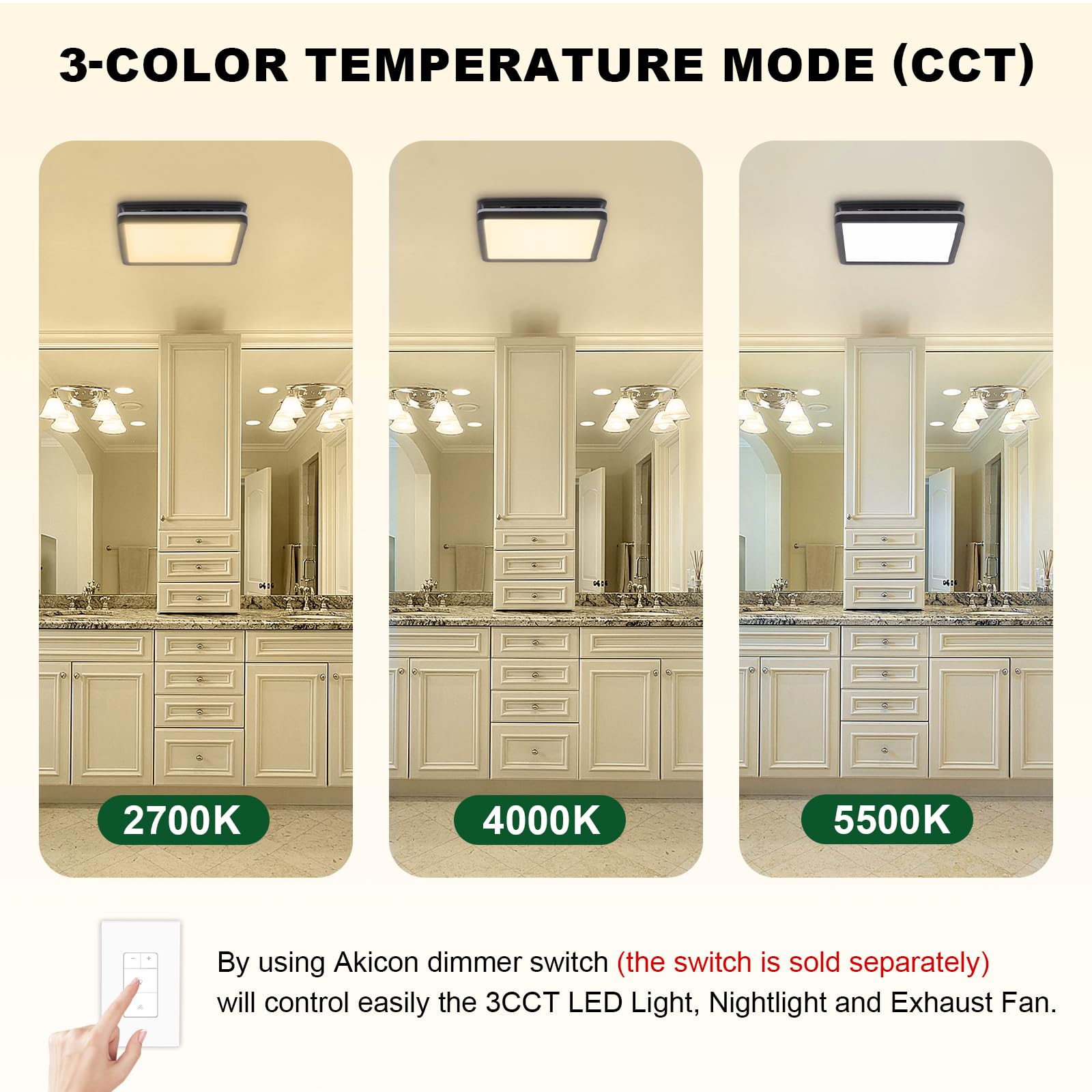 Akicon 80CFM Bathroom Exhaust Fan with Dimmable LED Light & Nightlight - Ultra Quiet 2.0 Sones Ventilation Fan for Bathroom Ceiling, 15W 3CCT Lighting - Perfect for Home, Shower Room, Toilet - Square Black Design (Ideal for Moisture Control & Air Circulation)