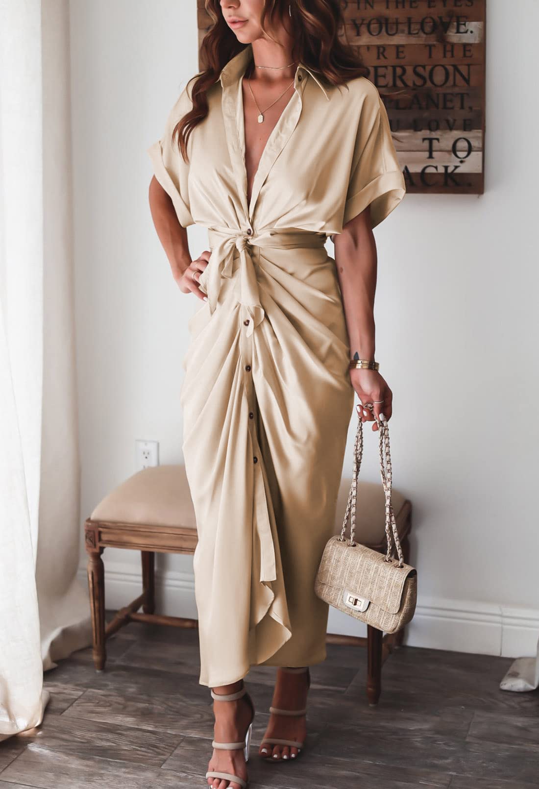 Linsery Women's Elegant Wrap Maxi Dress with Belt - Button Down Ruched Shirt Dress for Casual & Formal Occasions | Perfect for Office, Party & Wedding Events