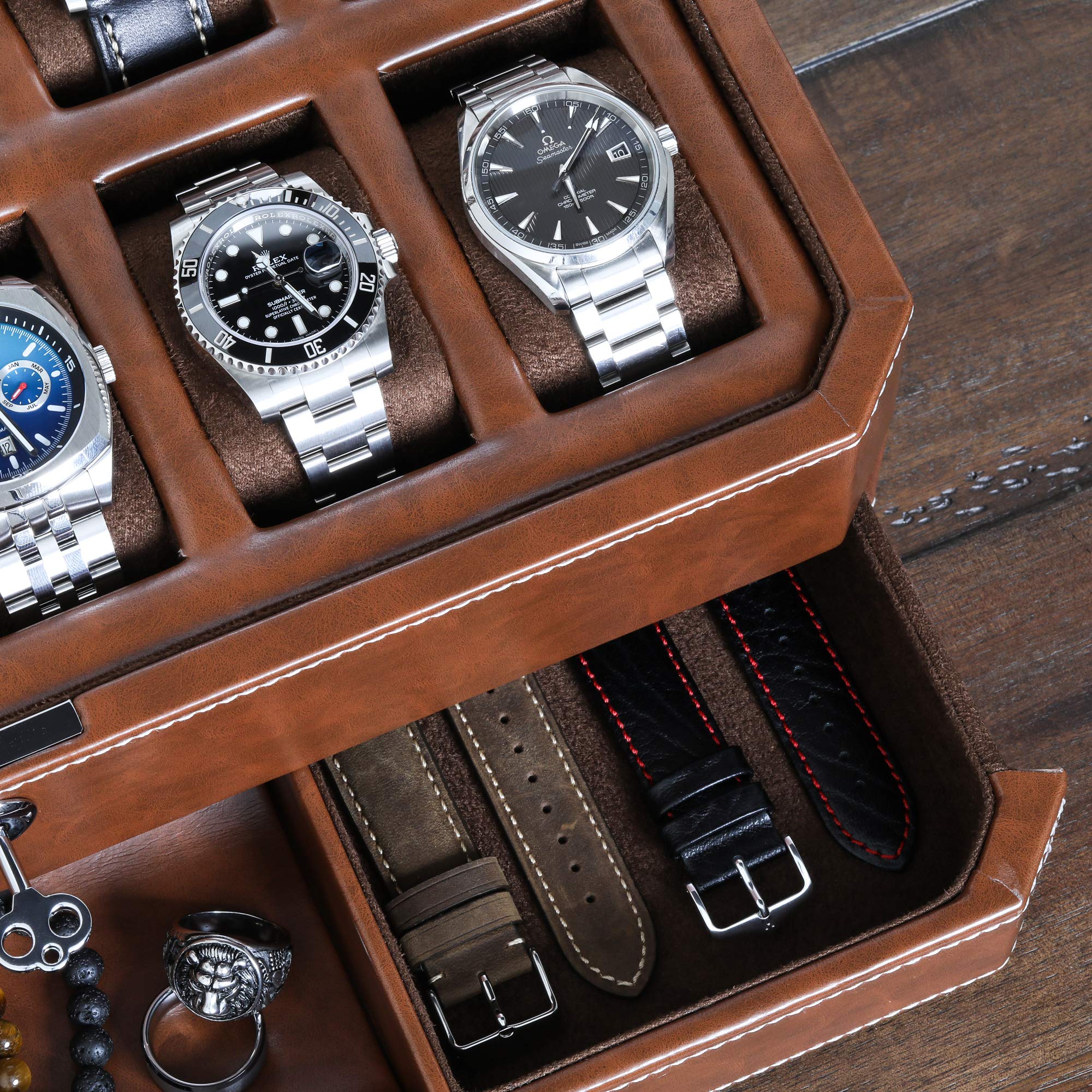 ROTHWELL 12 Slot Leather Watch Box with Valet Drawer - Luxury Watch Case Organizer for Men, Microsuede Lined Jewelry Display Case (Tan/Brown) - Perfect for Watch Collectors & Jewelry Storage at Home or Office
