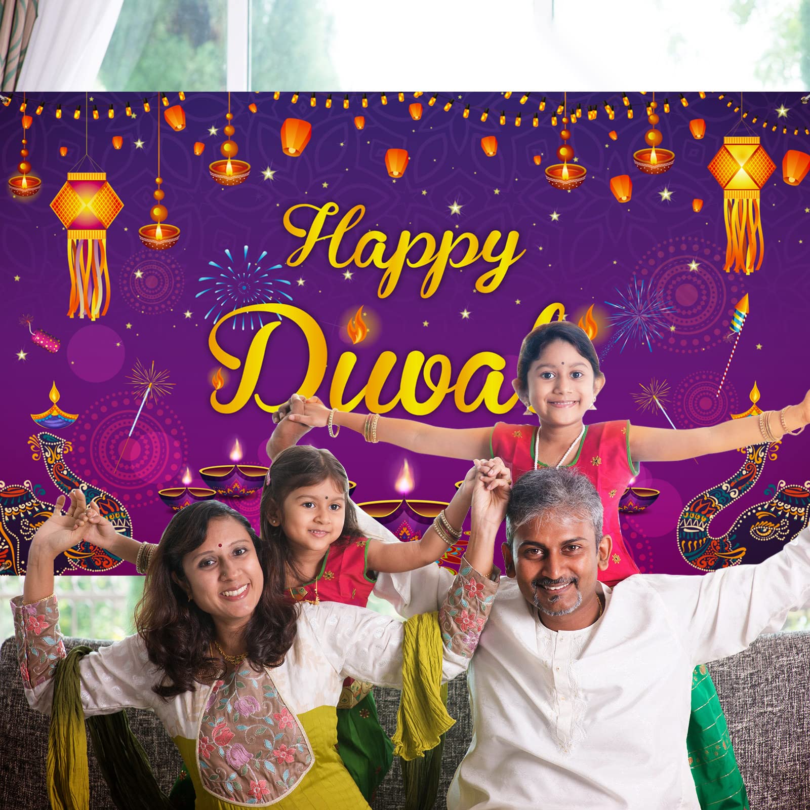 Happy Diwali Backdrop Banner 72x43 Inch - Indian Festival Party Decorations, Photography Background for Wall Porch Door - Diwali Light Celebration Supplies for Home Decor & Social Media Photos
