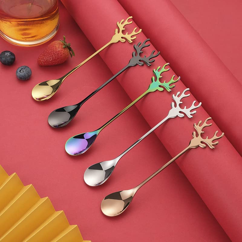 Deer Head Stainless Steel Coffee Spoon - Christmas Elk Sugar Stirring Spoon for Dessert, Kitchen & Tableware Decor - Gold (Perfect for Holiday Parties, Coffee Shops & Home Decor)