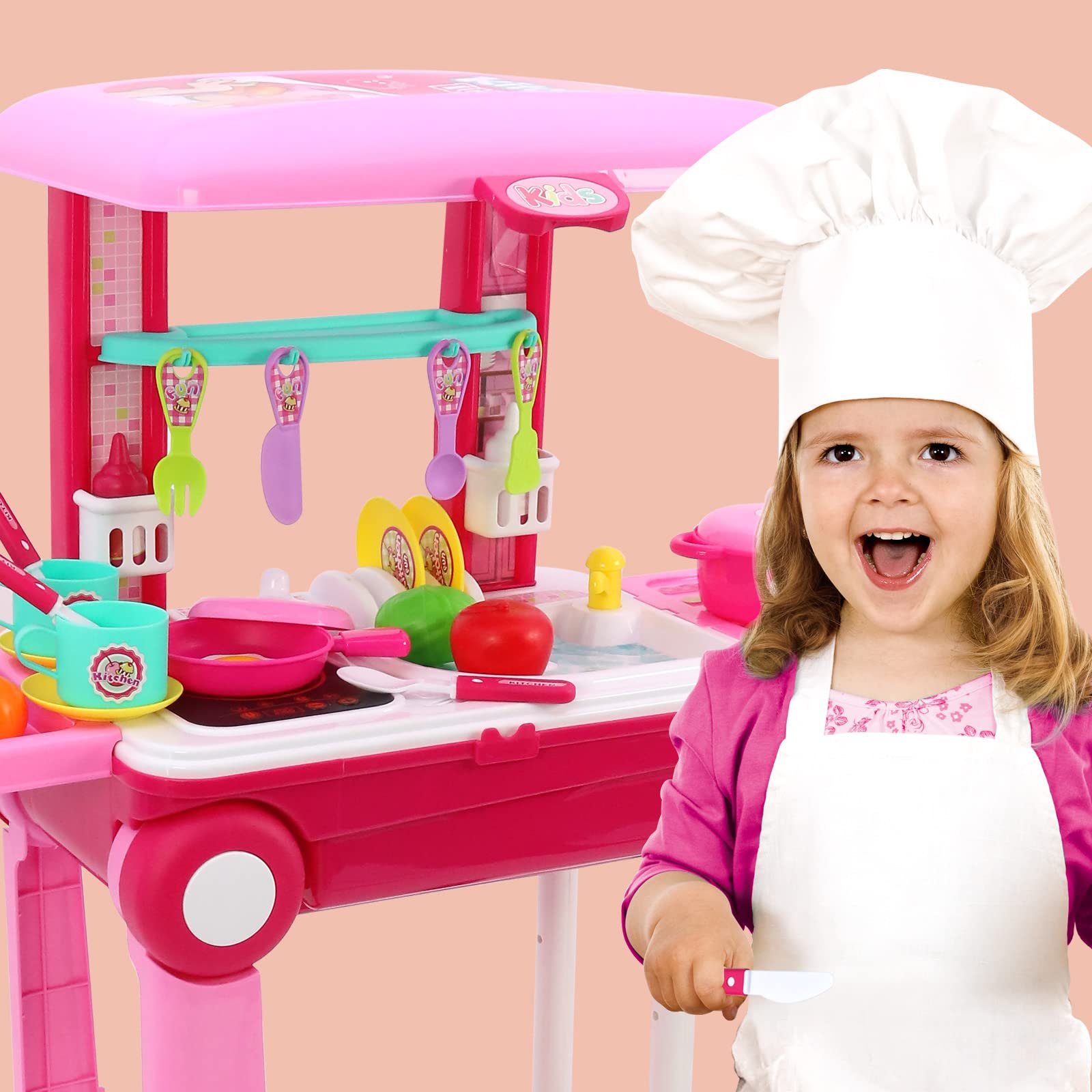 2-in-1 Kids Travel Suitcase & Play Kitchen Set - Convertible Luggage with Pretend Cooking Utensils & Food Toys - Best Educational Gift for Boys & Girls Ages 3-6 - Perfect for Travel, Home Play & Preschool Learning Activities (ABS Plastic)