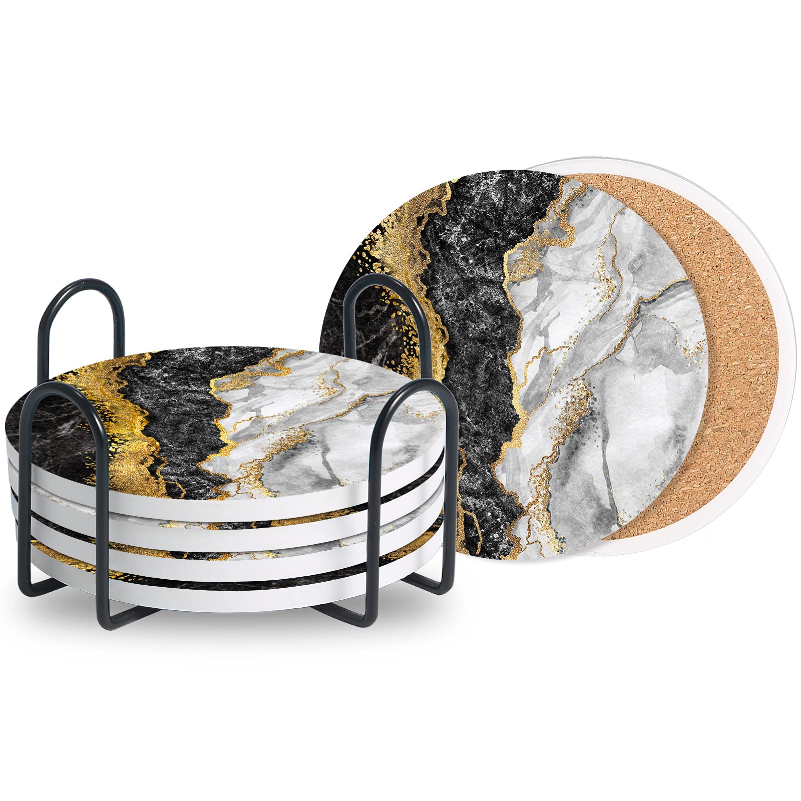 Premium Black and White Marble Coasters Set of 6 - Absorbent Ceramic Stone Drink Coasters with Cork Base - Elegant Table Protectors for Coffee Tables, Bars, and Home Decor