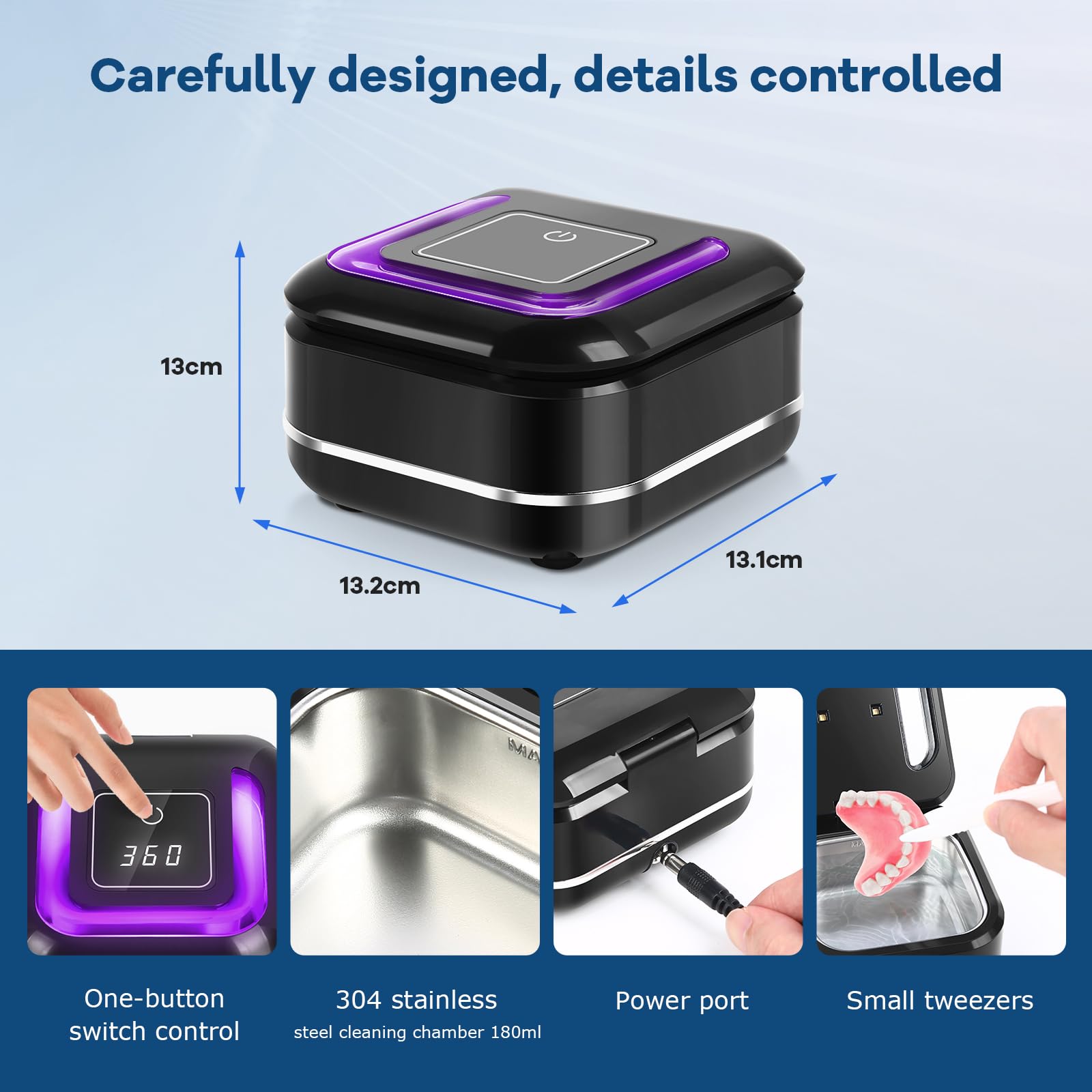 Professional Ultrasonic Denture & Retainer Cleaner Machine - 42kHz High Frequency with 2 Digital Timers - Deep Cleans Dentures, Mouth Guards, Aligners, Braces & Jewelry (Black) - Perfect for Daily Dental Care & Jewelry Maintenance
