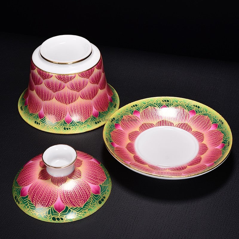 Premium Enamel Porcelain Pink Lotus Gaiwan - Traditional Chinese Tea Set for Gongfu Tea Ceremony, Perfect for Home Brewing & Gift Giving