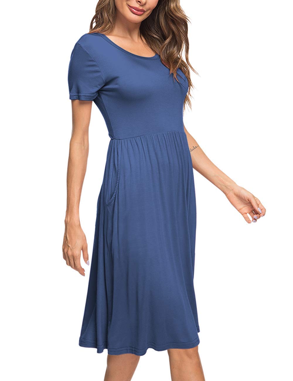 AUSELILY Women's Summer Short Sleeve Empire Waist Flowy Dress with Pockets - Pleated Loose Swing Knee-Length Casual Dress for Women 2025 New - Perfect for Beach, Vacation, and Everyday Wear