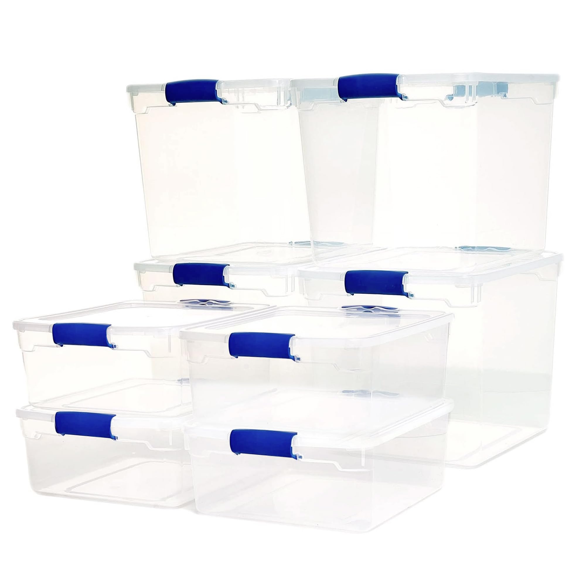 HOMZ 4-Pack 31 Quart Clear Plastic Storage Bins with Secure Blue Latches - Organize Closet, Pantry, Office & Kids Toys - Durable Stackable Storage Containers for Home Organization