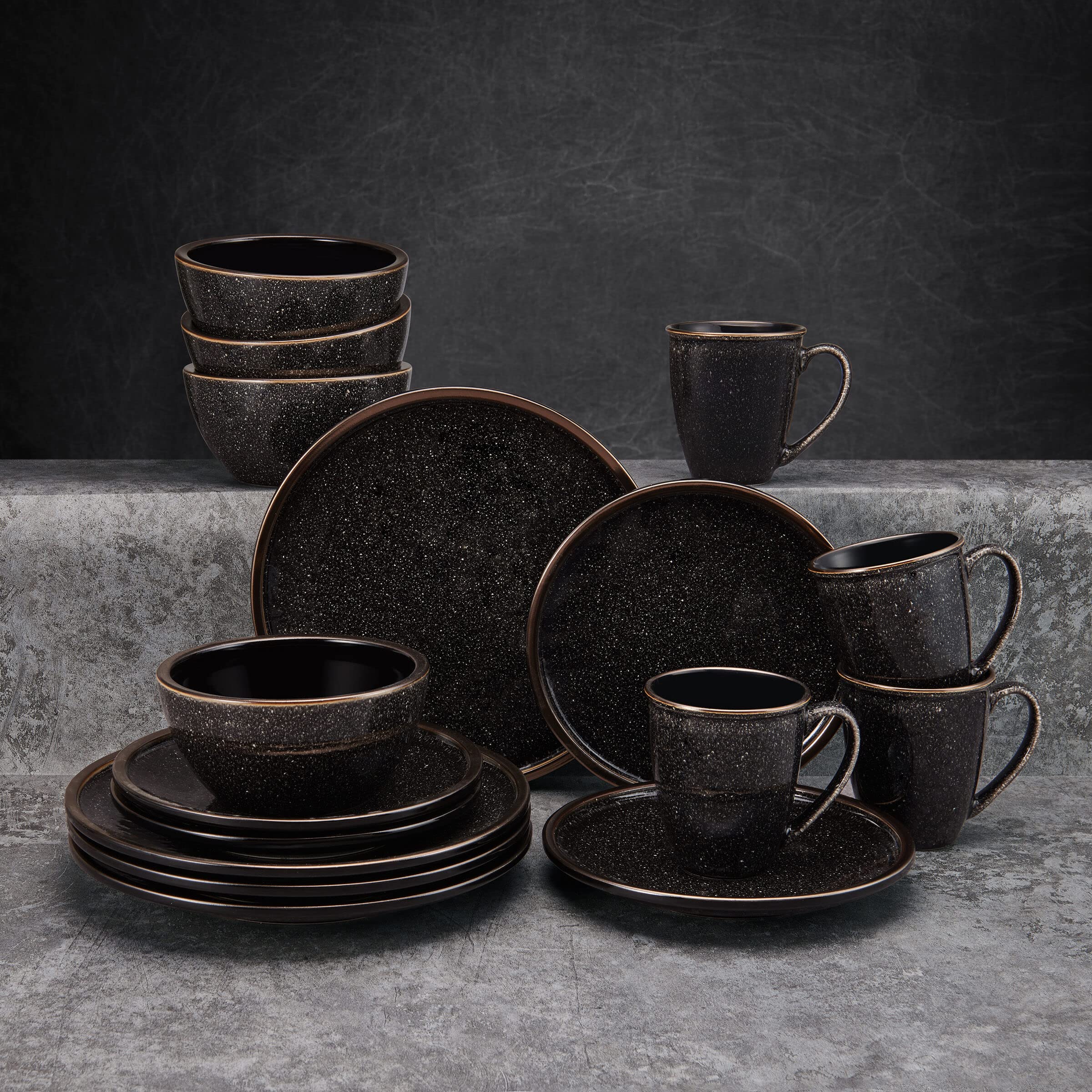 Mikasa Barrett 16-Piece Dinnerware Set - Service for 4 - Elegant Black Tableware for Everyday Dining & Entertaining