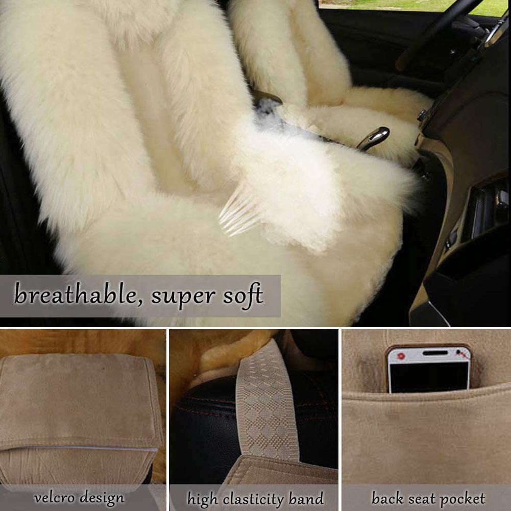 1Pack Genuine Australian Sheepskin Seat Cushion Cover - Winter Warm Luxury Long Wool Car Seat Protector - Universal Fit for Front Seats (Pure Black) - Perfect for Cold Weather Commuting & Long Road Trips
