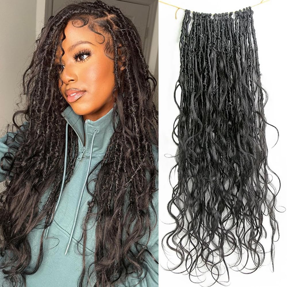 Pre-Lopped Crochet Boho Locs with Human Hair Curls - 22 Inch 48 Strands Body Wave Goddess Locs for Natural Hairstyles - Perfect for Protective Styling, Weddings & Boho Chic Looks